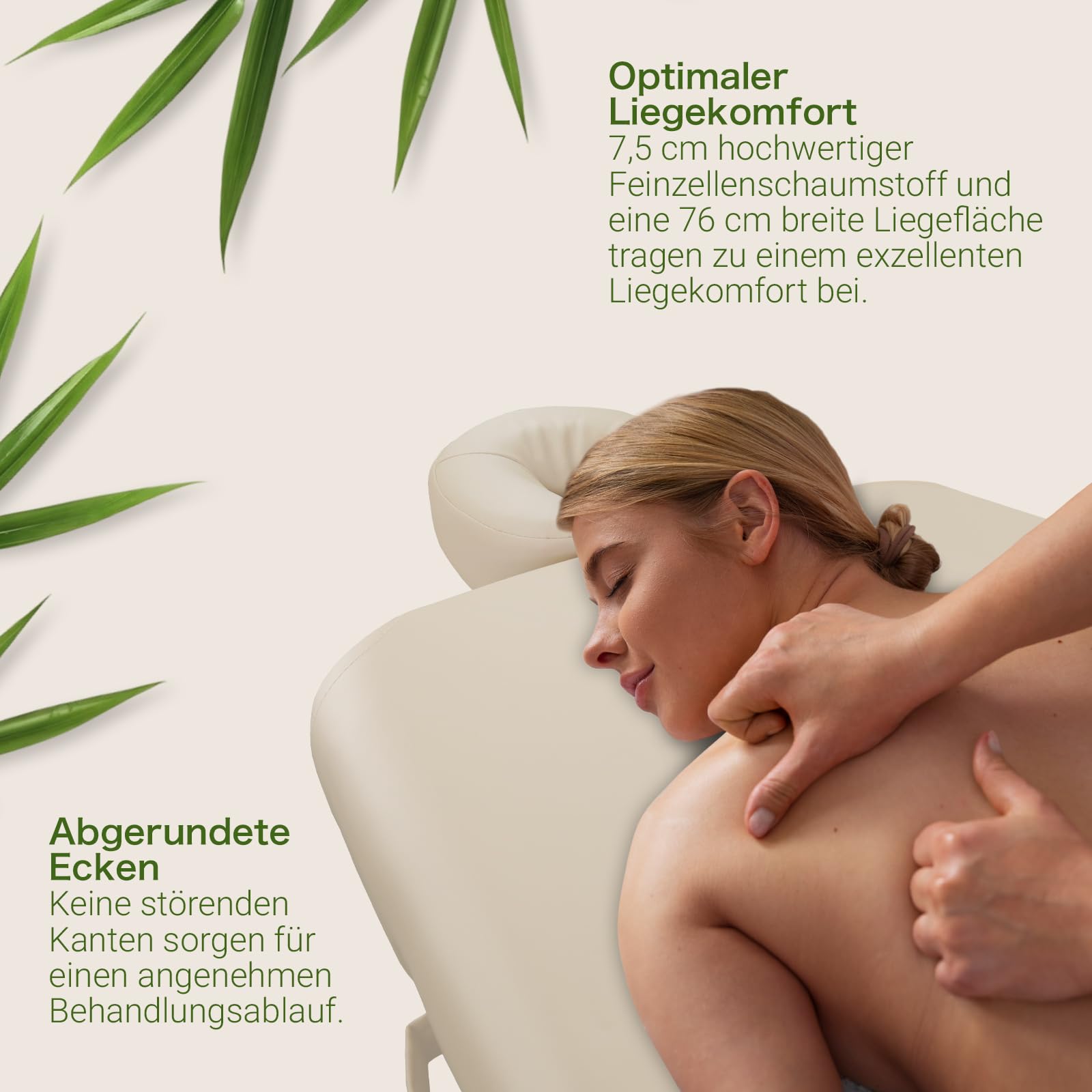 Zen – Mobile Round Corner Massageliege klappbar & höhenverstellbar – Vollholz Massagetisch mit abgerundeten Ecken für aktive Massagestile – Massagebank mit Kopfteil, Armlehnen & Tasche (Creme)