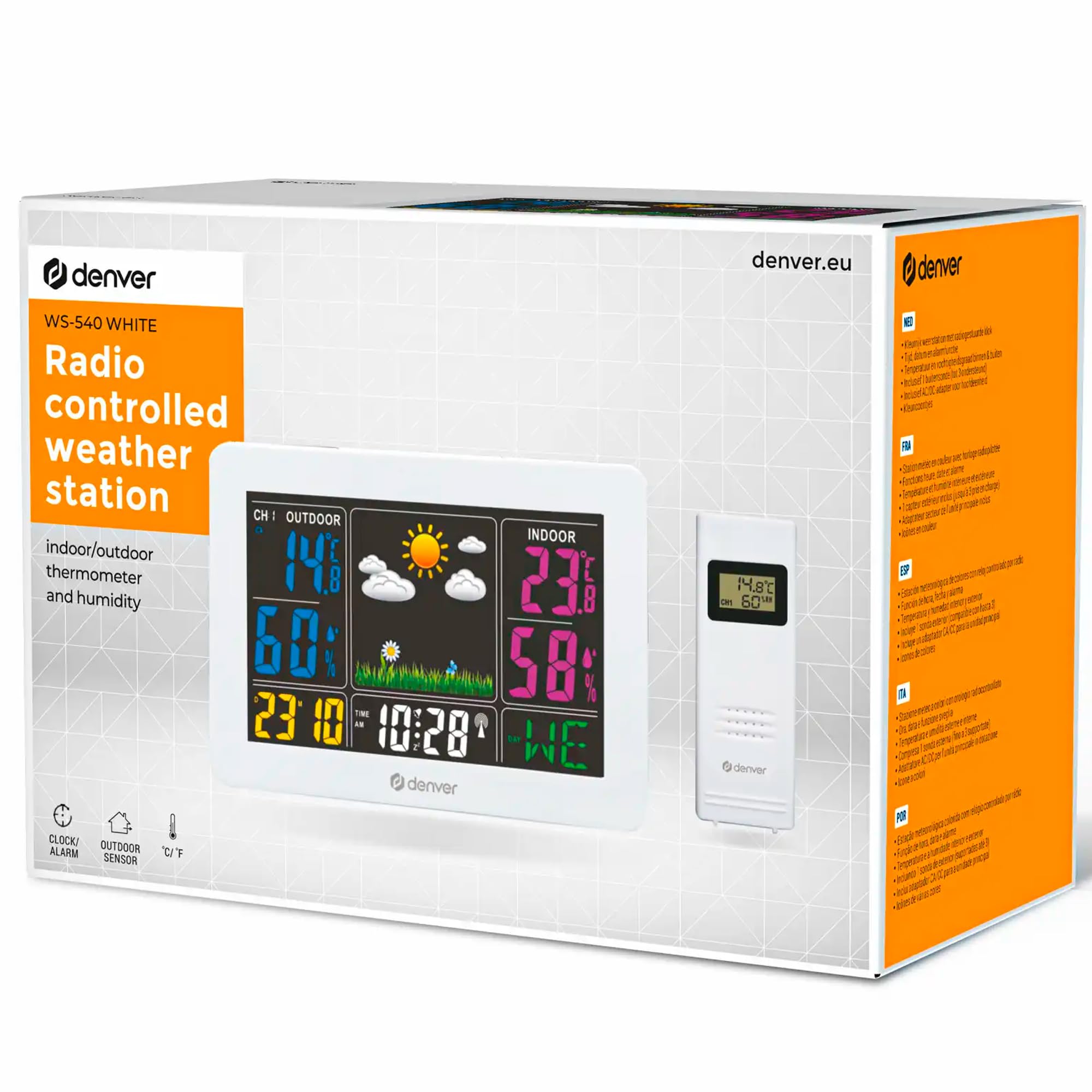 Stazione meteo digitale automatica Denver WS-540WHITE. Wireless. Display LED a colori. Termometro igrometro digitale per la misurazione della temperatura e dell'umidità interna/esterna.