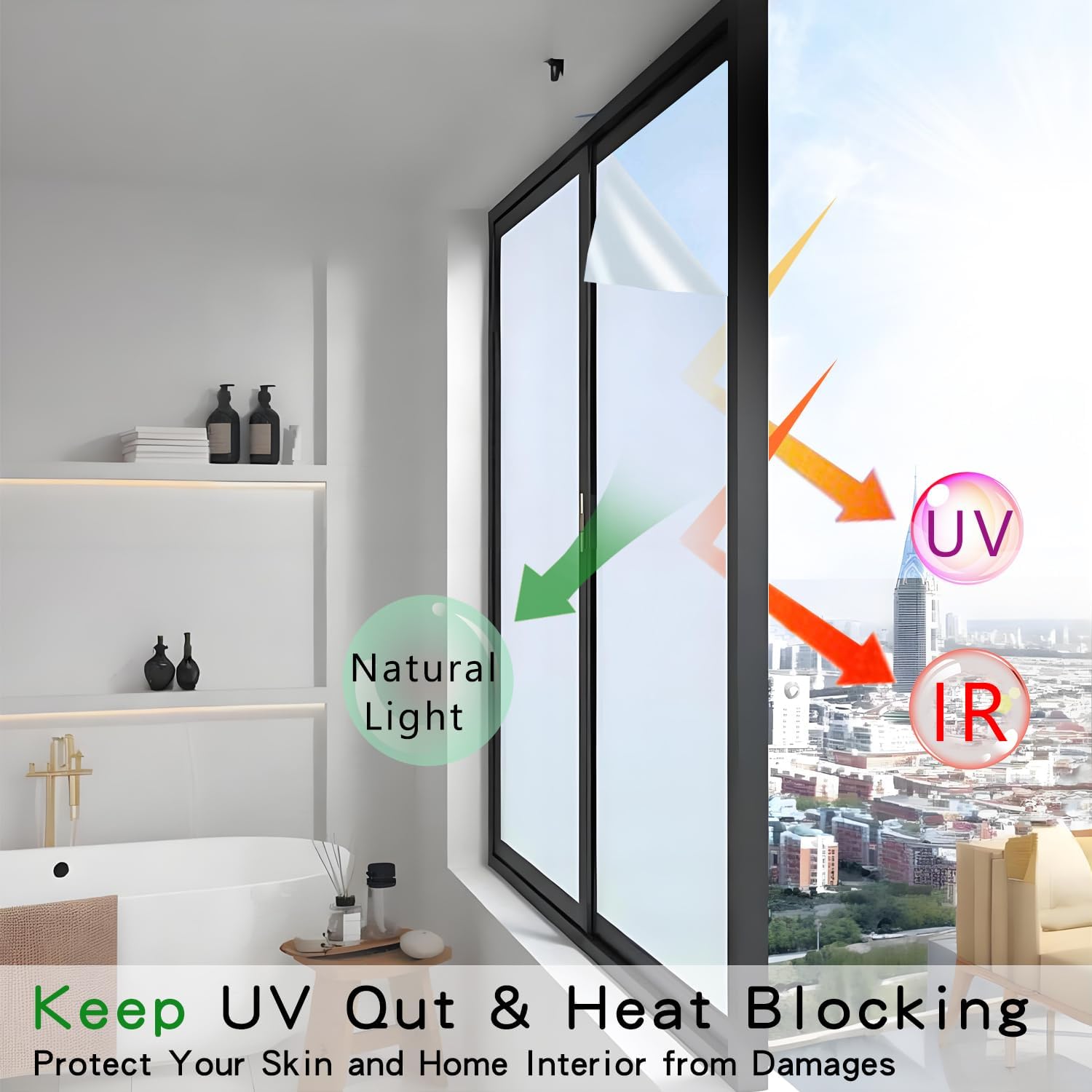 Frosted Glass Film, Static Cling Removable Decorative Window Sticker for Bathroom Doors & Windows, Privacy Window Film with Heat Insulation & UV Blocking, 45.2 x 157.4 Inches