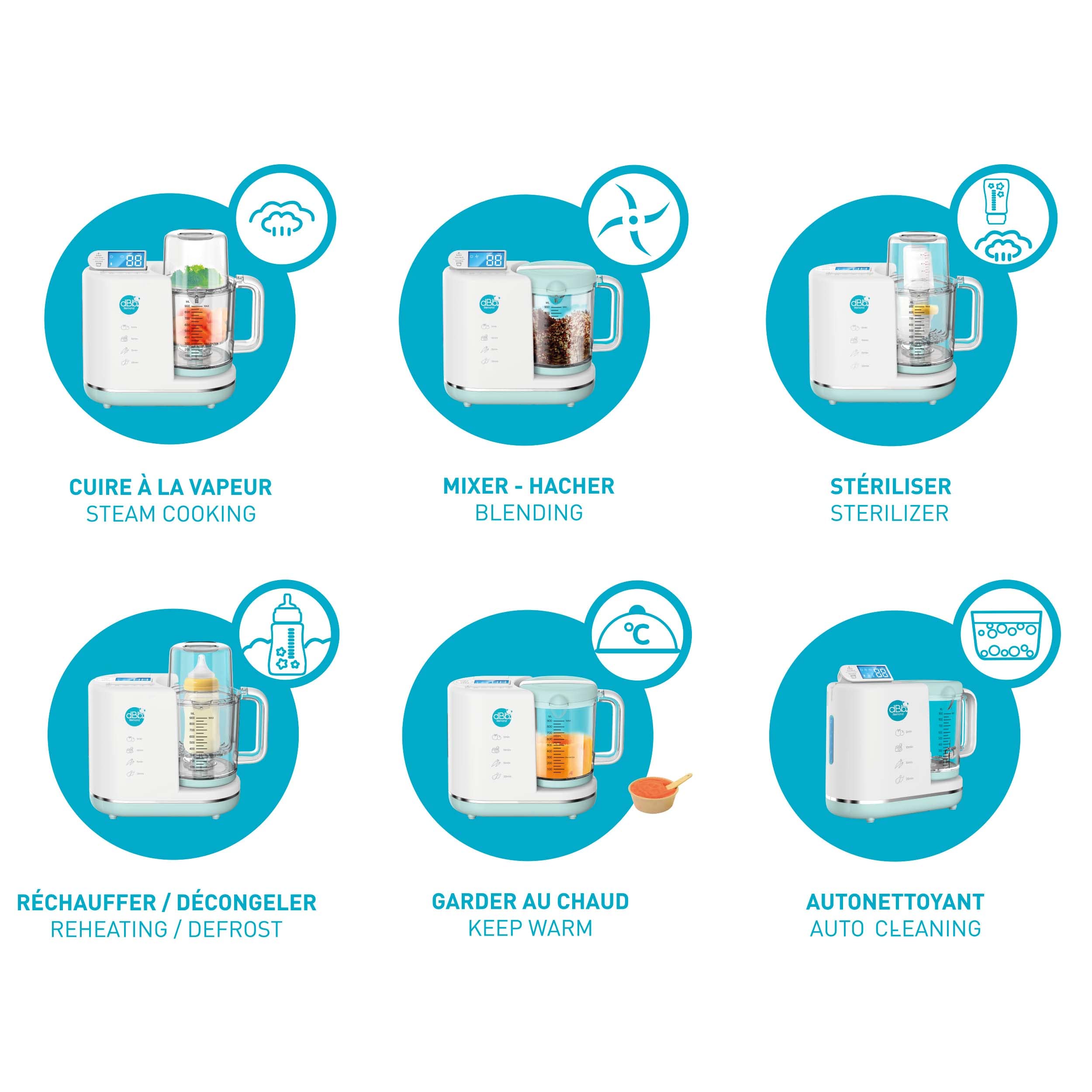 dBb Remond 6-in-1-Baby-Kochmaschine – Dampfgaren, Mixen, Zerkleinern, Sterilisieren, Erhitzen und Auftauen – Selbstreinigend – Gesunde und einfache Mahlzeiten – Kapazität 1000 ml – Weiß & Eisblau