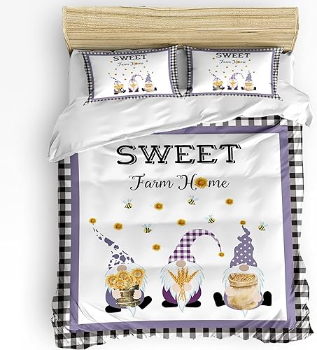 Juego de funda de edredón tamaño matrimonial de 3 piezas de gnomo Sweet Farm Home juego de ropa de cama suave con cierre de cremallera y lazos en