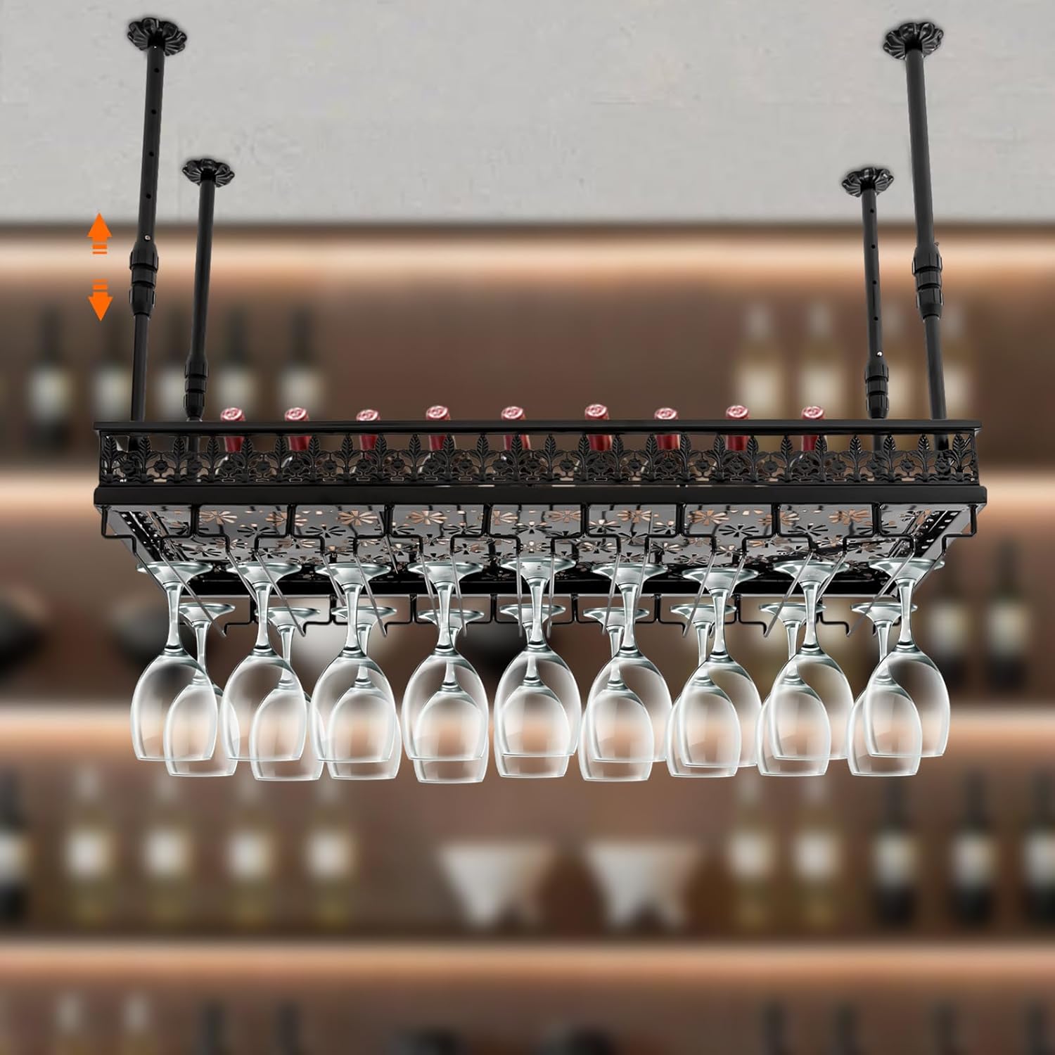 Black Vintage Wine Glass Rack, 13.78"- 21.65" Height Adjustable Ceiling Mounted Hanging Wine Bottle Holder Stemware Hanger Rack Metal Bar Floating Shelf for Bar Kitchen, Capacity: 36 Goblets(L: 90cm)