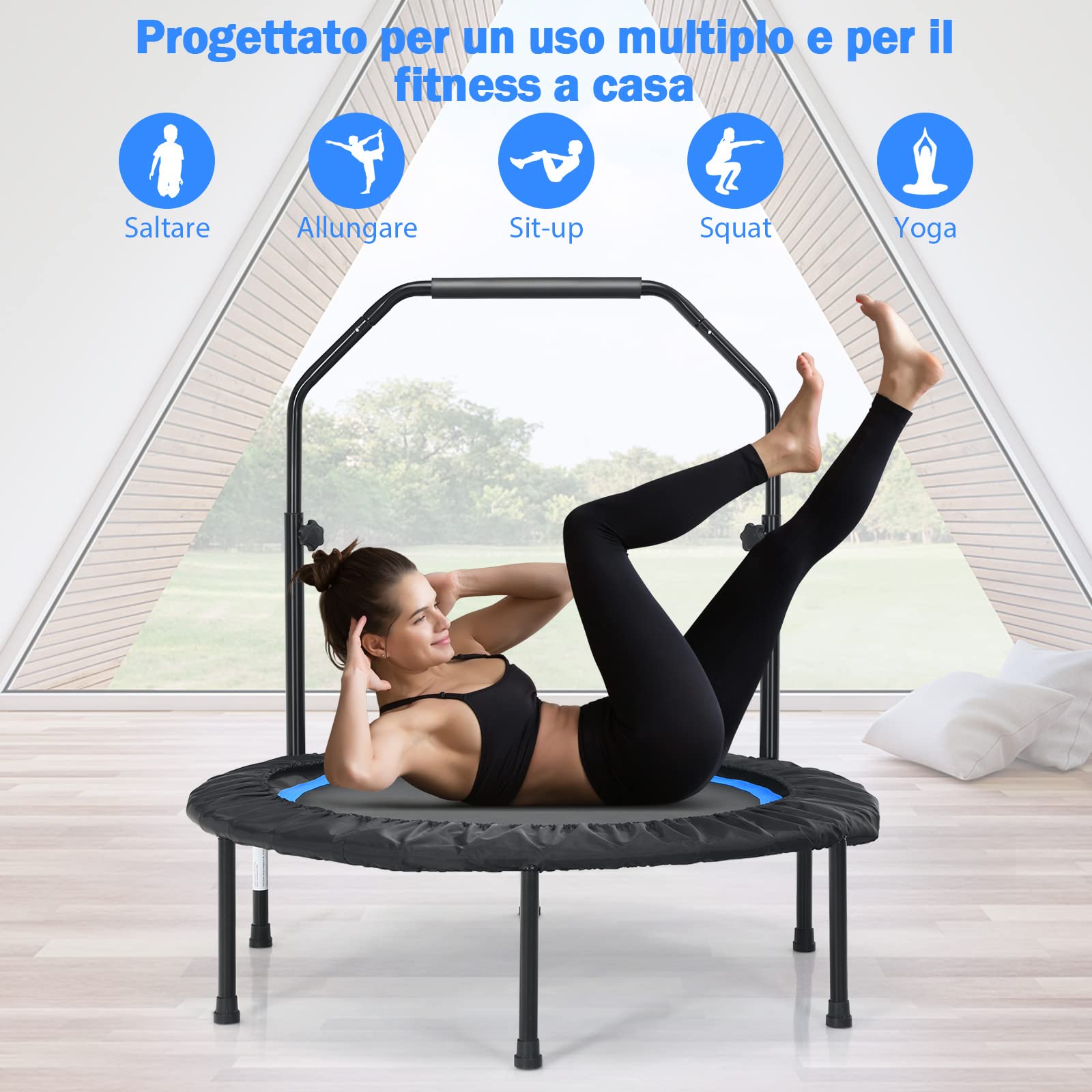 COSTWAY Mini Trampolino Pieghevole 101cm, Trampolino Fitness per Adulti e Bambini,con Maniglia Altezza Regolabile, Capacità di Carico 150 kg
