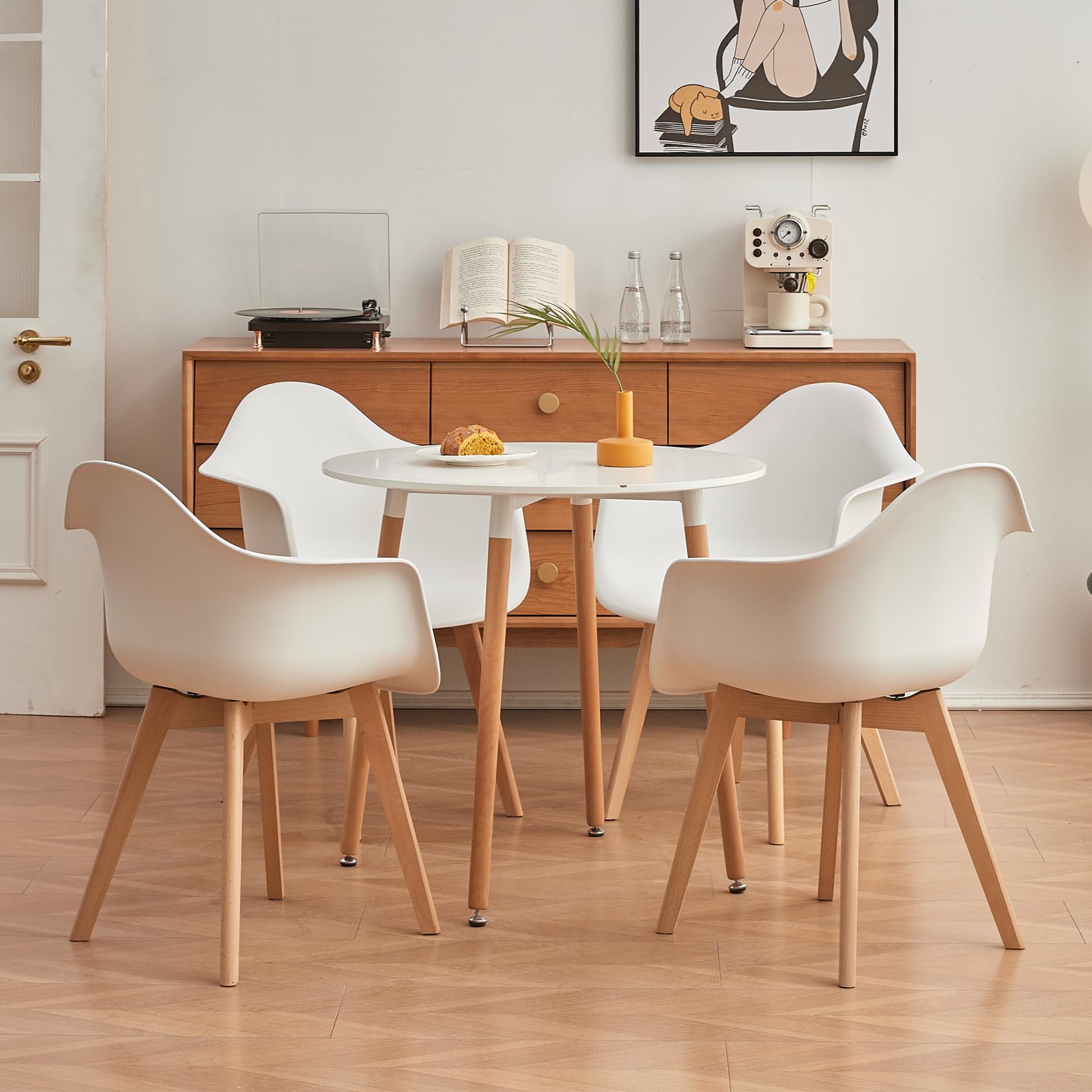 Set di 2 Sedie da Pranzo con Braccioli, Sedute in PP, Bianco | Design Nordico, Polipropilene e Faggio, Resistenti, Facili da Pulire, Fino a 125kg. per Cucina, Sala, Ufficio, Caffè.