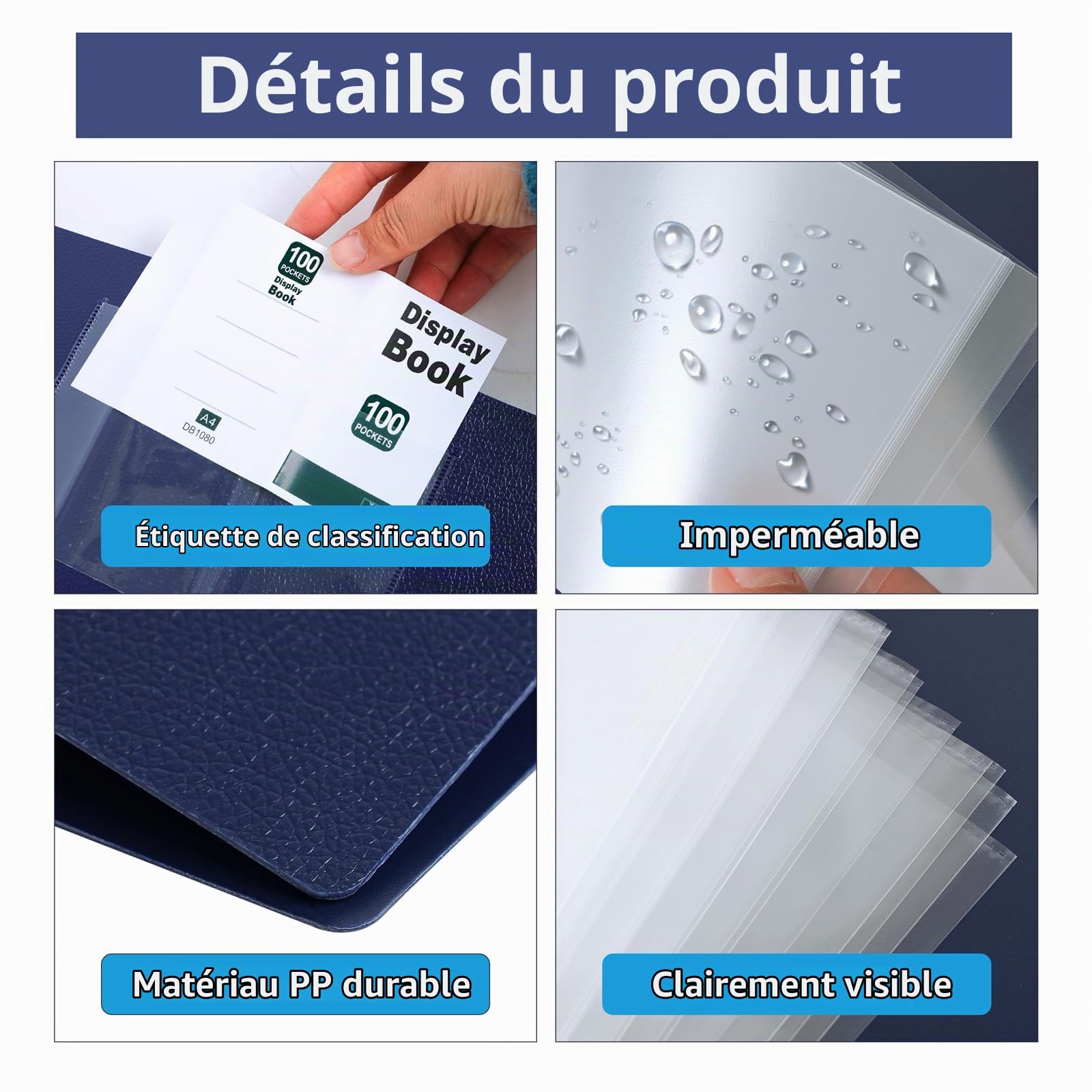 Lot de 2 Porte-Vues A4,Protège-Documents avec 100 Pochettes(Bleu) | 200 Vues