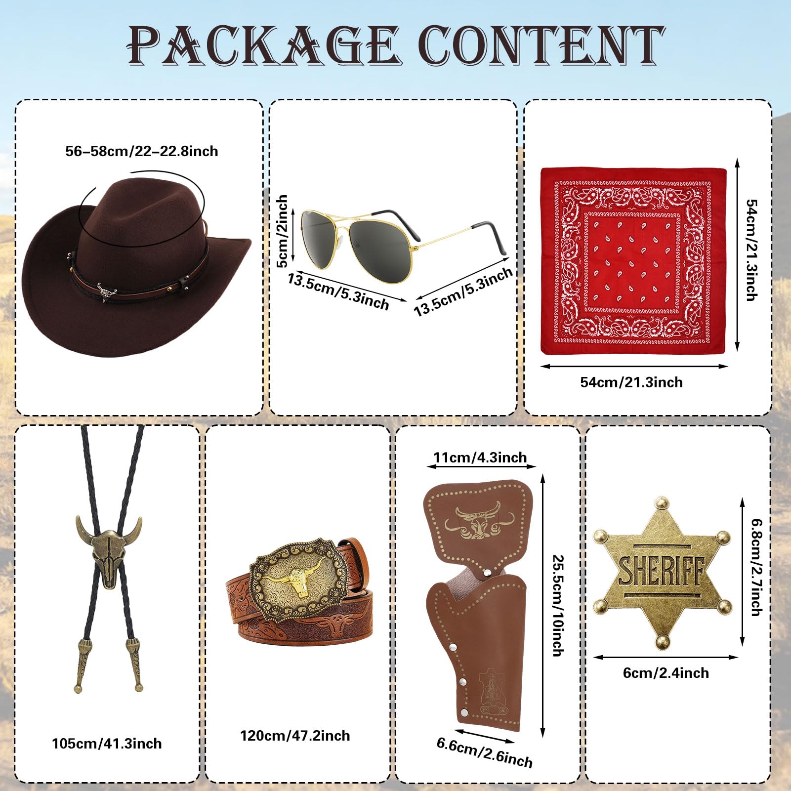 Crittygo Cowboy Outfit Kit for Men Western Cowboy Costume Accessories with Cowboy Hat Bandana Glasses Necklace Holster Belt Sheriff Badge for Halloween Western Theme Party - Image 2