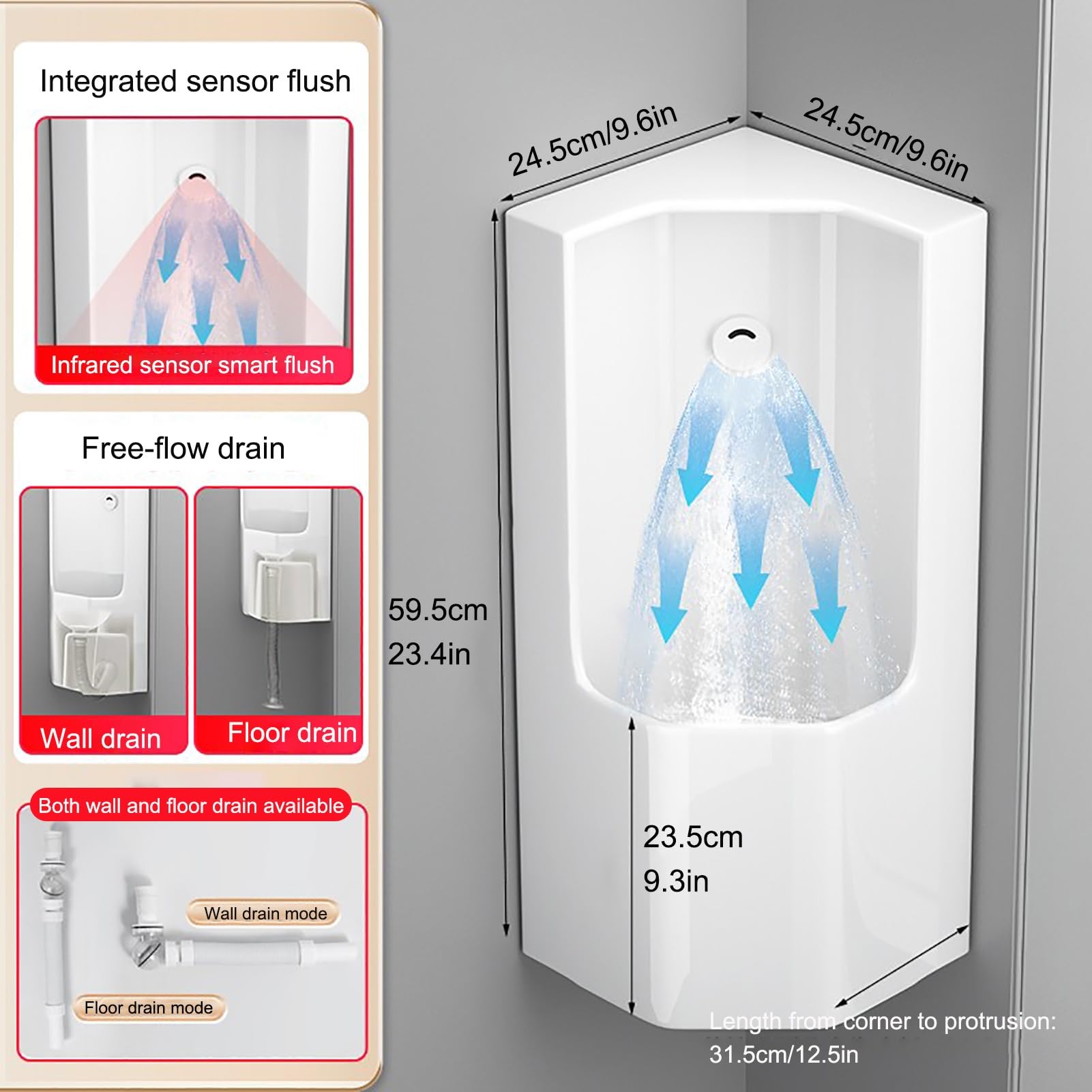 Urinarios de Esquina para Baño de Hombres, Urinario de Pared con Sensor Inteligente y Descarga, para Uso Público, para Karaoke, Bares, Baños y Hoteles