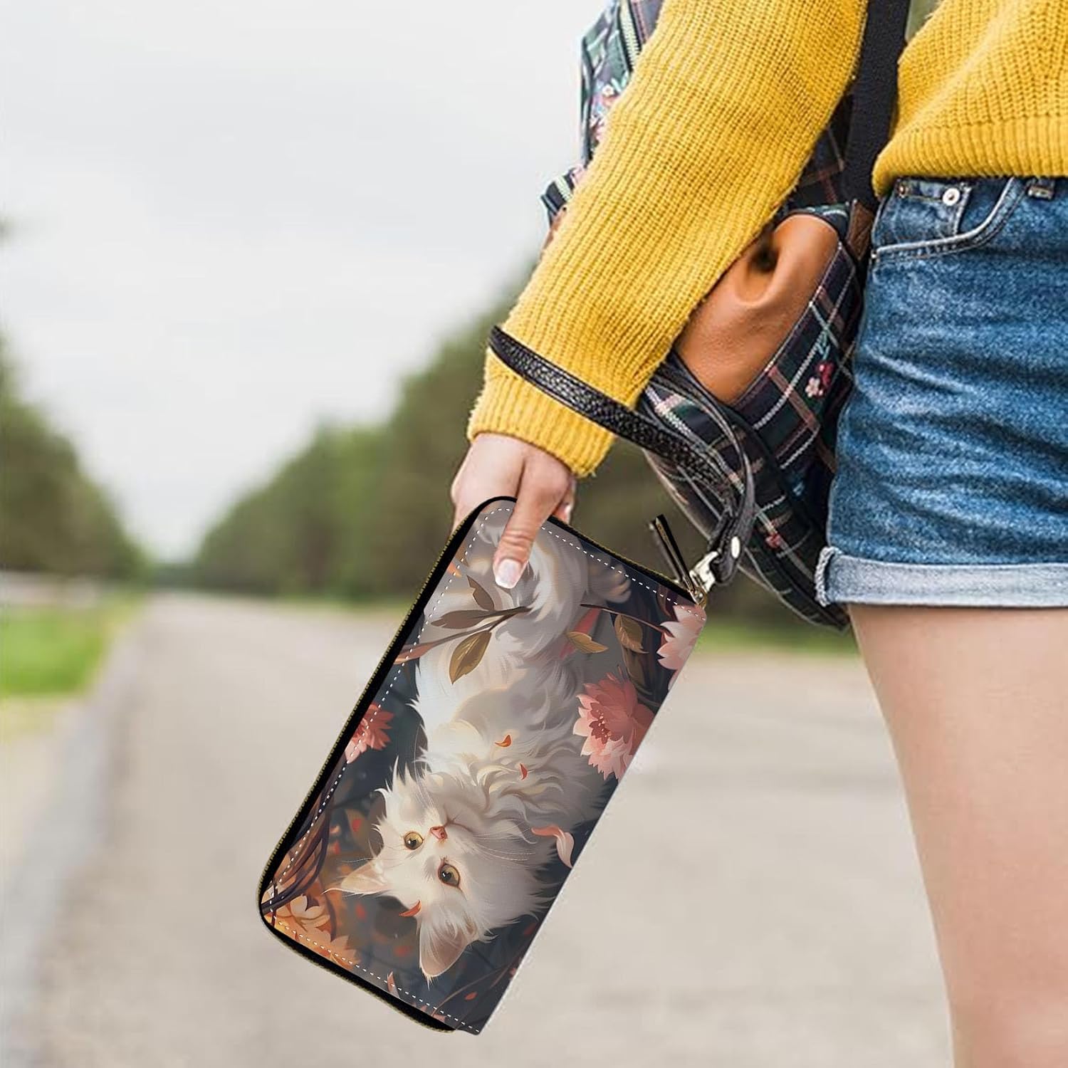 Womens Wallet, Large Capacity RFID Blocking PU Leather Wristlet Wallets for Women Ladies Men Credit Card Holder Zipper Wallet Phone Holder Clutch Travel Purse, White Cat Flowers - Image 5