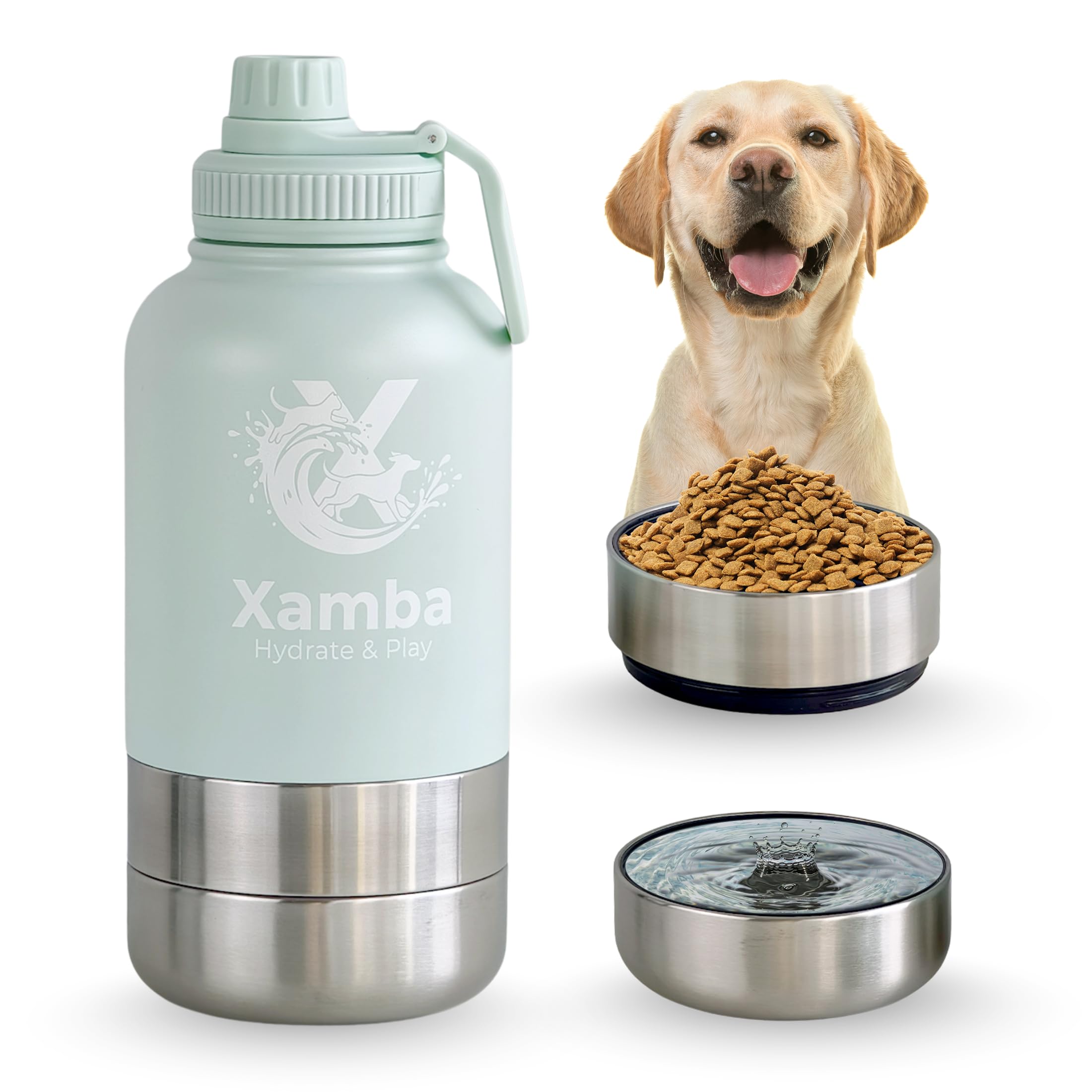 Xamba 3-in-1 Dog Travel Water Bottle 32oz (1000ml) – Stainless Steel Leak-Proof Pet Water Bottle with Detachable Food & Water Bowls for Walking, Hiking & Travel (Mint Green)