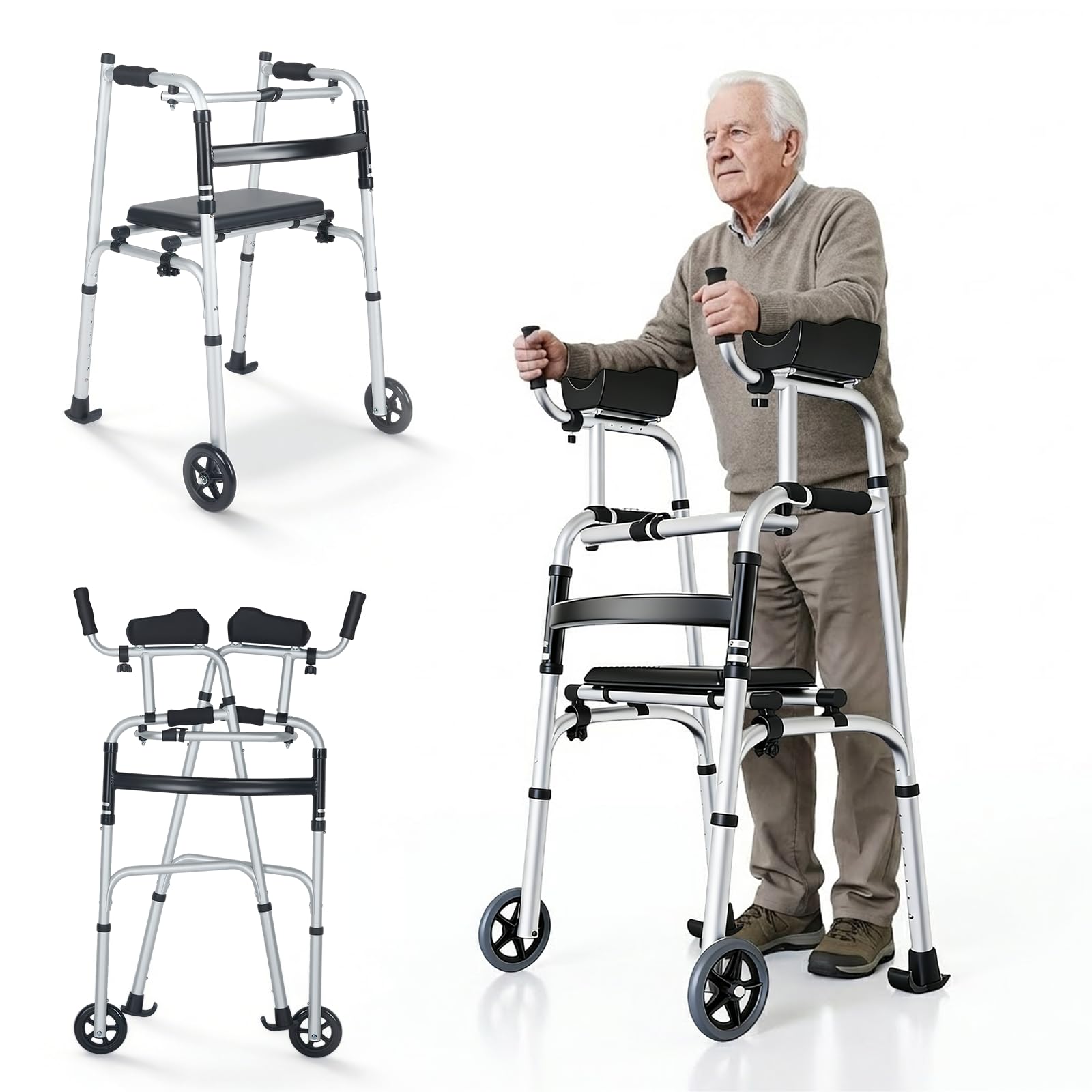 Andador plegable con asiento de poliuretano desmontable, 8 niveles de ajuste de altura y 3 niveles de longitud de reposabrazos, ruedas dobles todoterreno, gran capacidad de carga, marco de aluminio