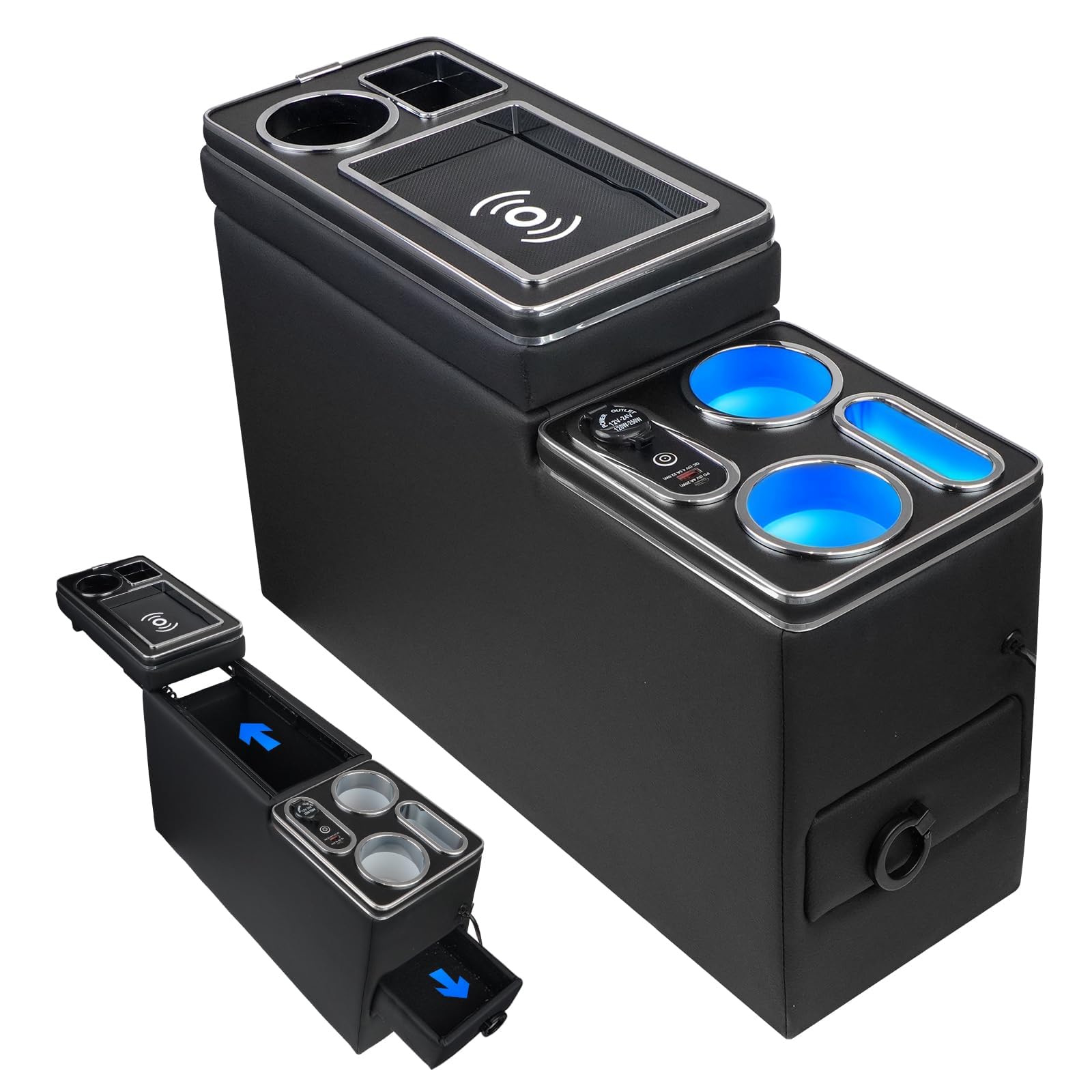 Organizer per console centrale tra i sedili per minivan e SUV, con tappetino di ricarica wireless, luce ambientale a LED blu, supporto per telefono e portabicchieri, console centrale da