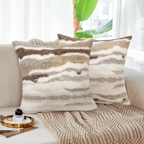Joizomou Faux Fur Tan 16x16 Pillow Cover Set of 2 Decorative Modern Pillow Covers White Fluffy Boucle Pillow Sherpa Throw Pillows Covers for Couch Living Room Accent Pillows for Bedroom Boho Decor
