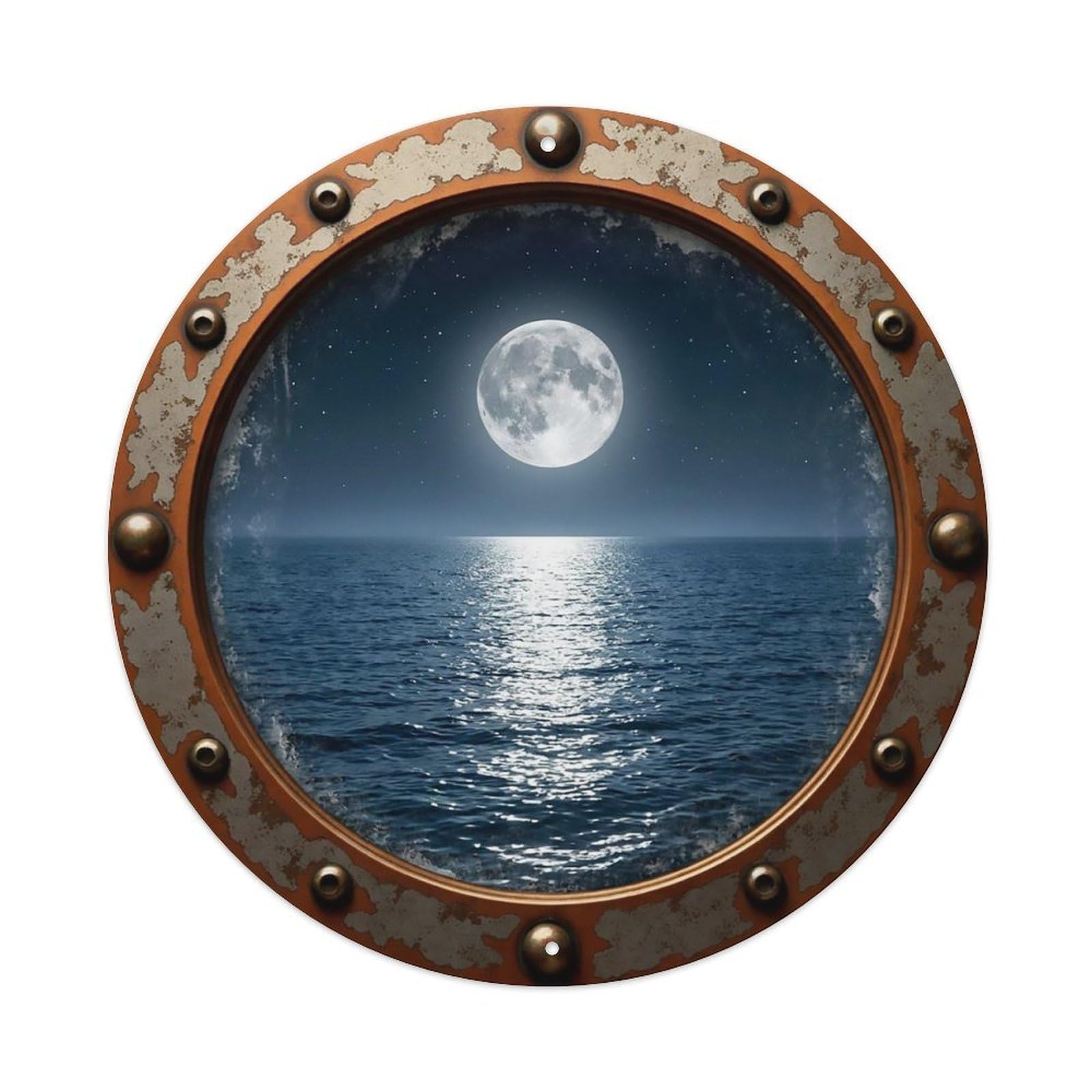 Vintage Porthole Moonlit Ocean Nautical Window View Metal Tin Sign