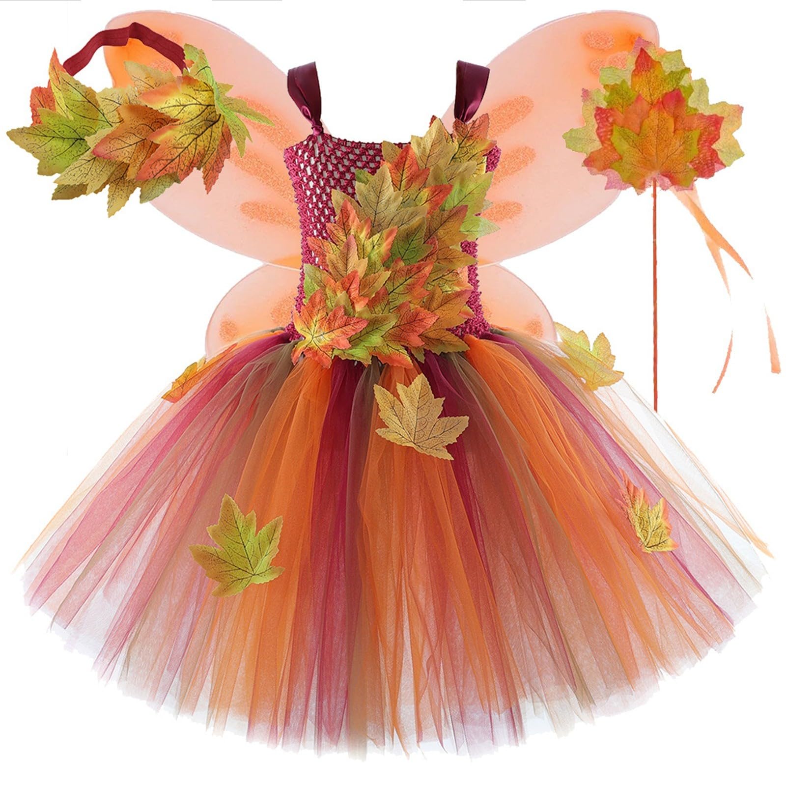 Generisch Conjunto de disfraz de hada de otoño para niña, vestido de tutú con alas, diadema y varita mágica, disfraz de hada del bosque para Halloween, carnaval, actuación y fiesta