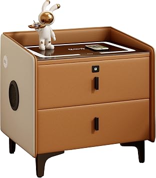 Smart Modern Nightstand with Speaker, Fingerprint Lock, USB and Wireless Charging Station, LED Lighting - Side Table for Bedroom, Living Room, Dorm Room, Smart Coffee Table.,Orange,2 Floors