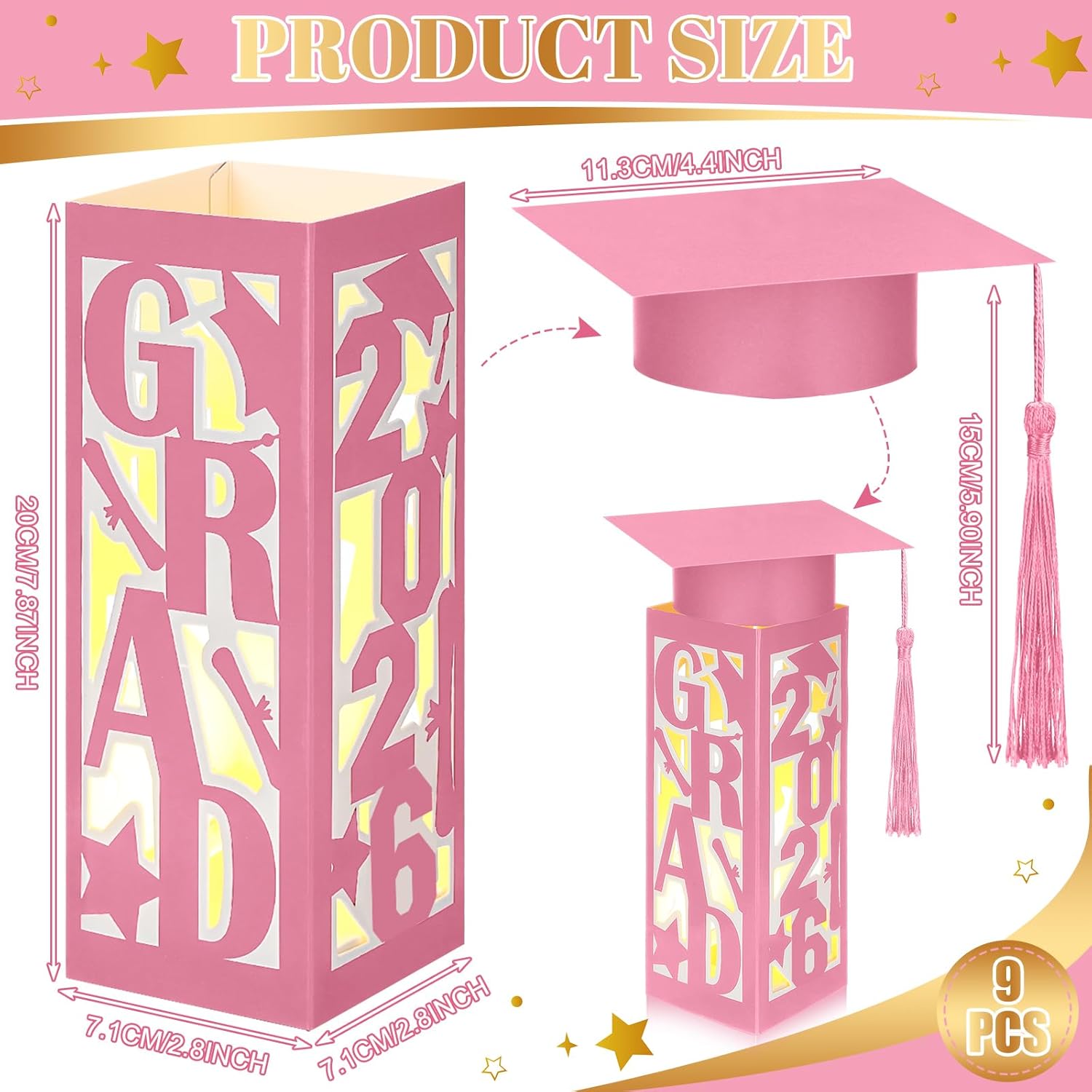 Tellingyou 9 Pcs Graduation Table Centerpieces Boxes 2026 Graduation Lantern Boxes with LED Light Small Cap Table Decorations Congrats School College Photo Props(Grad,Pink)