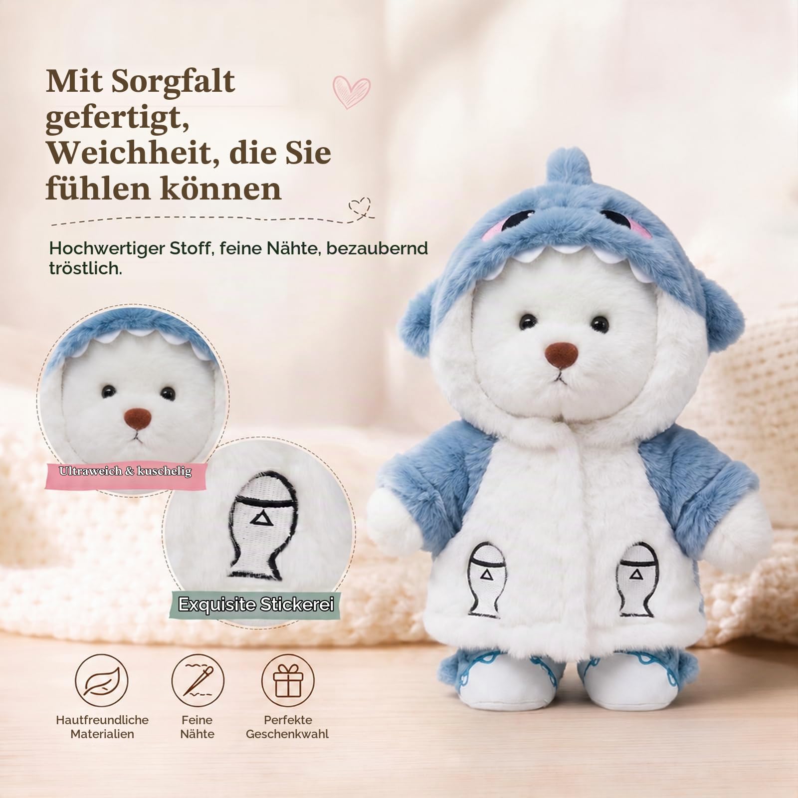 Teddy Angels Teddybär 30 cm mit einer Kleidung Stuff Tier Plüsch Geschenk für Kinder Mädchen Frauen Geburtstag (Weißer Haifischanzug)