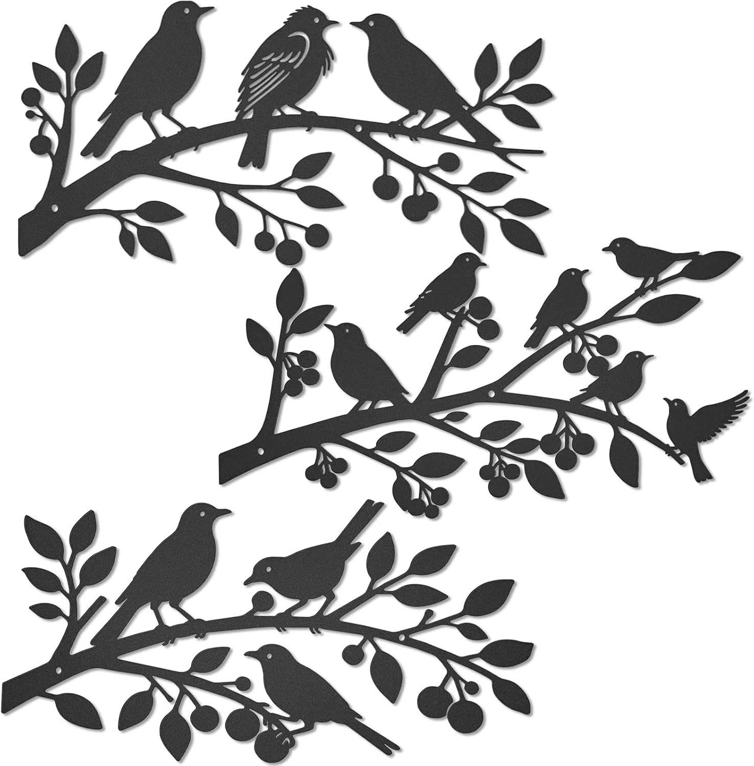 VeyFolzin.st 3Pcs Metal Birds Wall Art, Metal Vivid Birds on Branch Silhouette Wall Decor Black Leaves with Bird Outdoor Hanging Wall Sculpture for Home Balcony Garden (Black ABC)