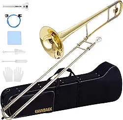Trombone deslizante tenor Bb, instrumento de trombone plano banhado a latão para estudantes iniciantes com estojo rígido luvas brancas e bocal (ouro)