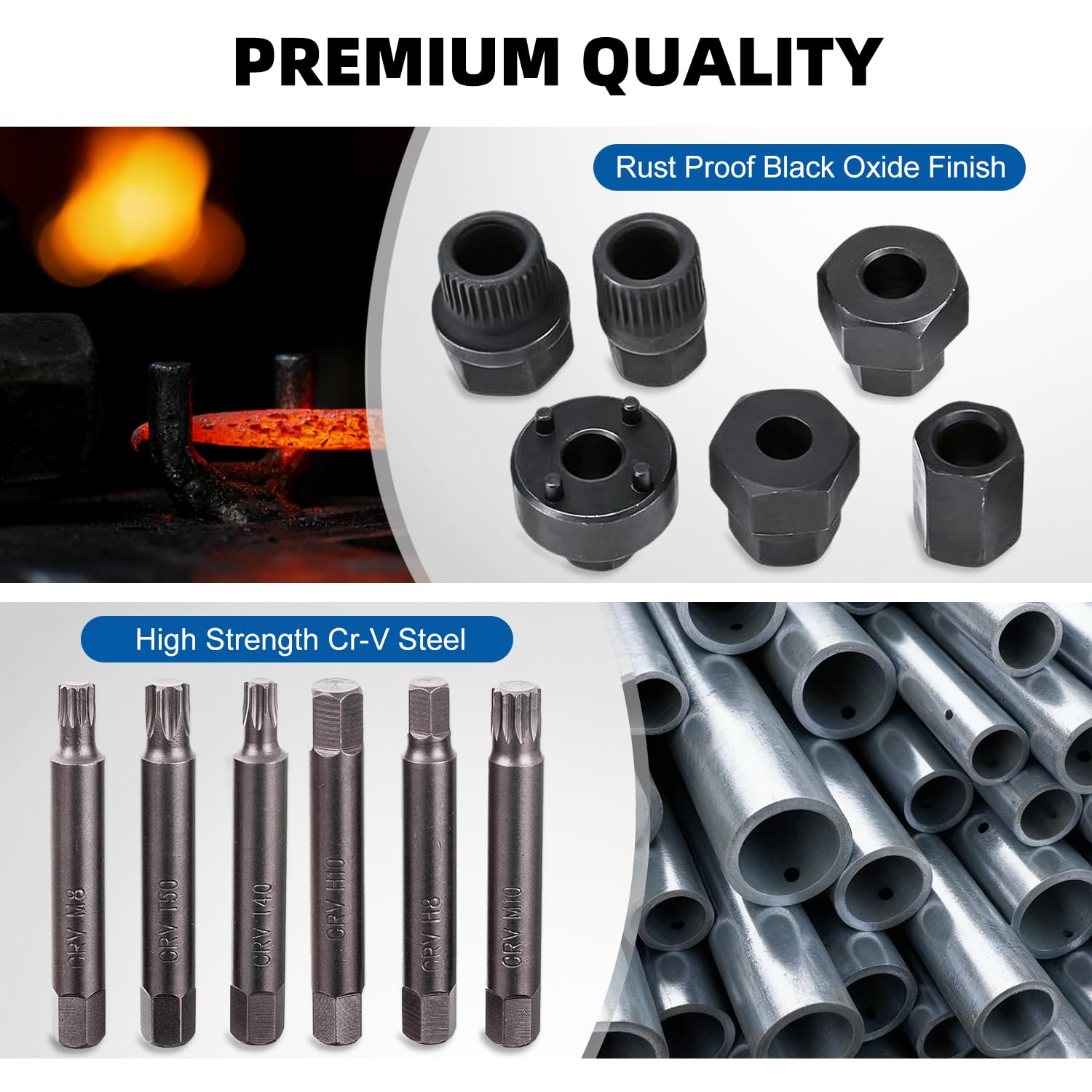 BOOMSTART 18 Pièces Extracteur Poulie Alternateur, 1/2" Coffret Douille Poulies Alternateur, Outil Clé Demonte Arrache Poulie Alternateurs avec 33 Dents T40 T50 pour VW Audi VAG (Bleu)