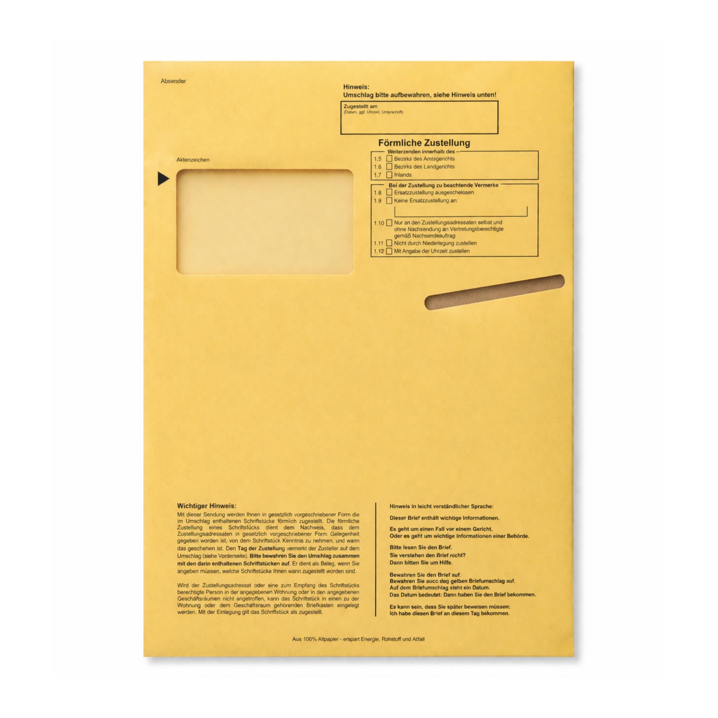 50 x Innere Postzustellungshüllen Förmliche Zustellung Postzustellungsumschläge DIN C4 9490165