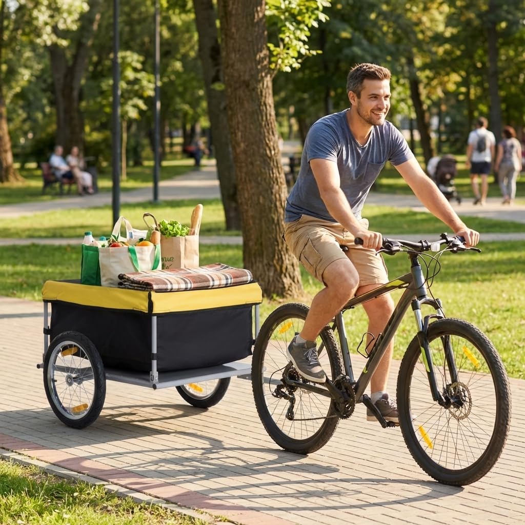 Outdoor Storage Trailer Bike Cargo Trailer Bike Trailer Cargo Bicycle Cargo Trailer, Two-Wheel Bike Luggage Wagon with Removable Cover, Heavy-Duty Steel Frame and Weather- Canopy