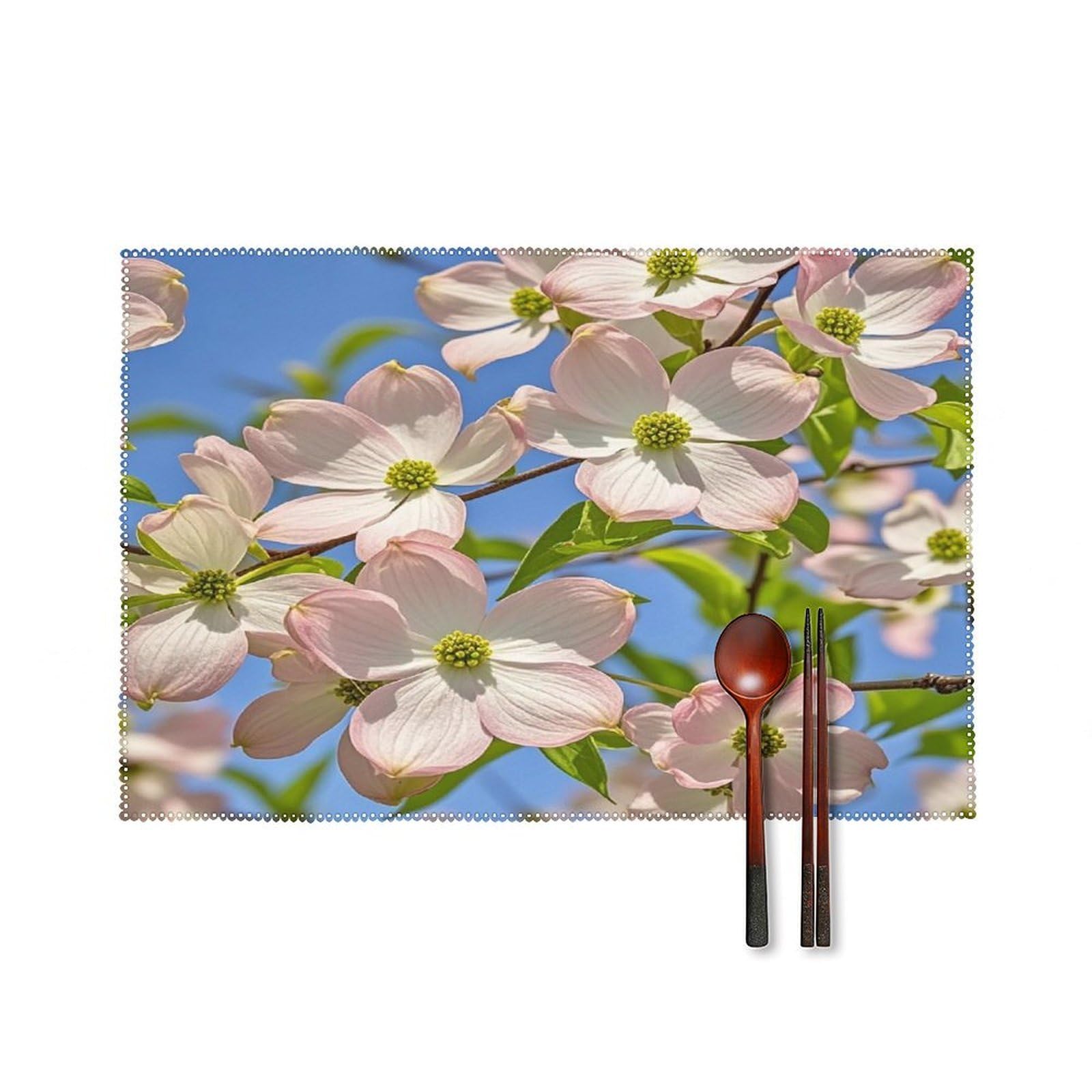 Spring Dogwood Blossoms Placemats Set of 6 Heat-Resistant Washable Place Mats Wipeable Kitchen Placemat Easy to Clean for Indoor Outdoor Party Kitchen Decoration