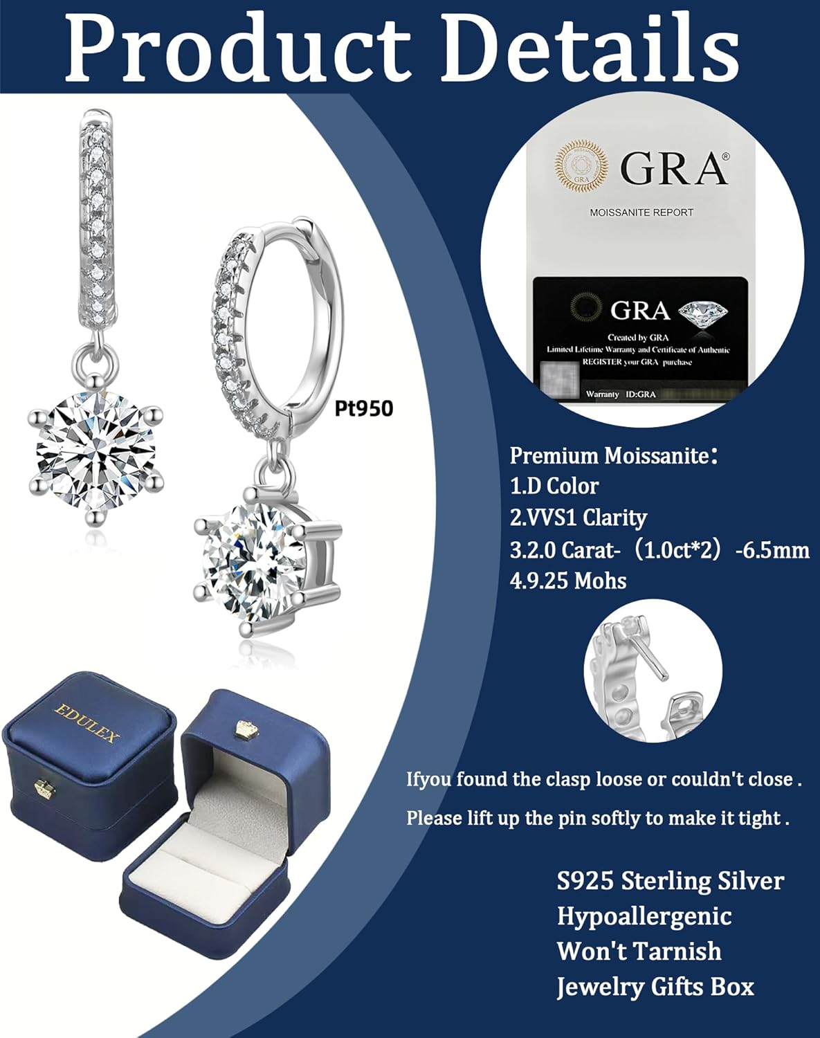 2-2.4ct Moissanite Hoop Earrings for Women - D Color VVS1 Clarity Solid 925 Sterling Silver 18K Gold Plated Jewelry - Lab Created Diamond Mens Gifts - Image 6