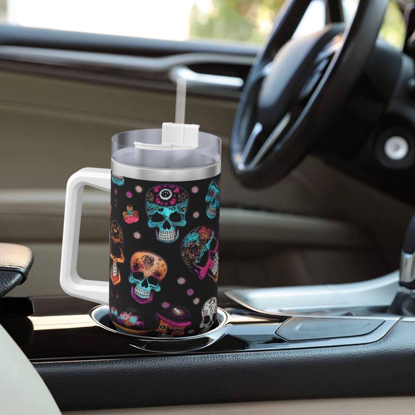 Sugar and Skulls Style Ice Bully Wasserflasche aus Edelstahl, doppelwandig, isoliert, mit Griff und Strohhalm-Deckel, 1,2 l