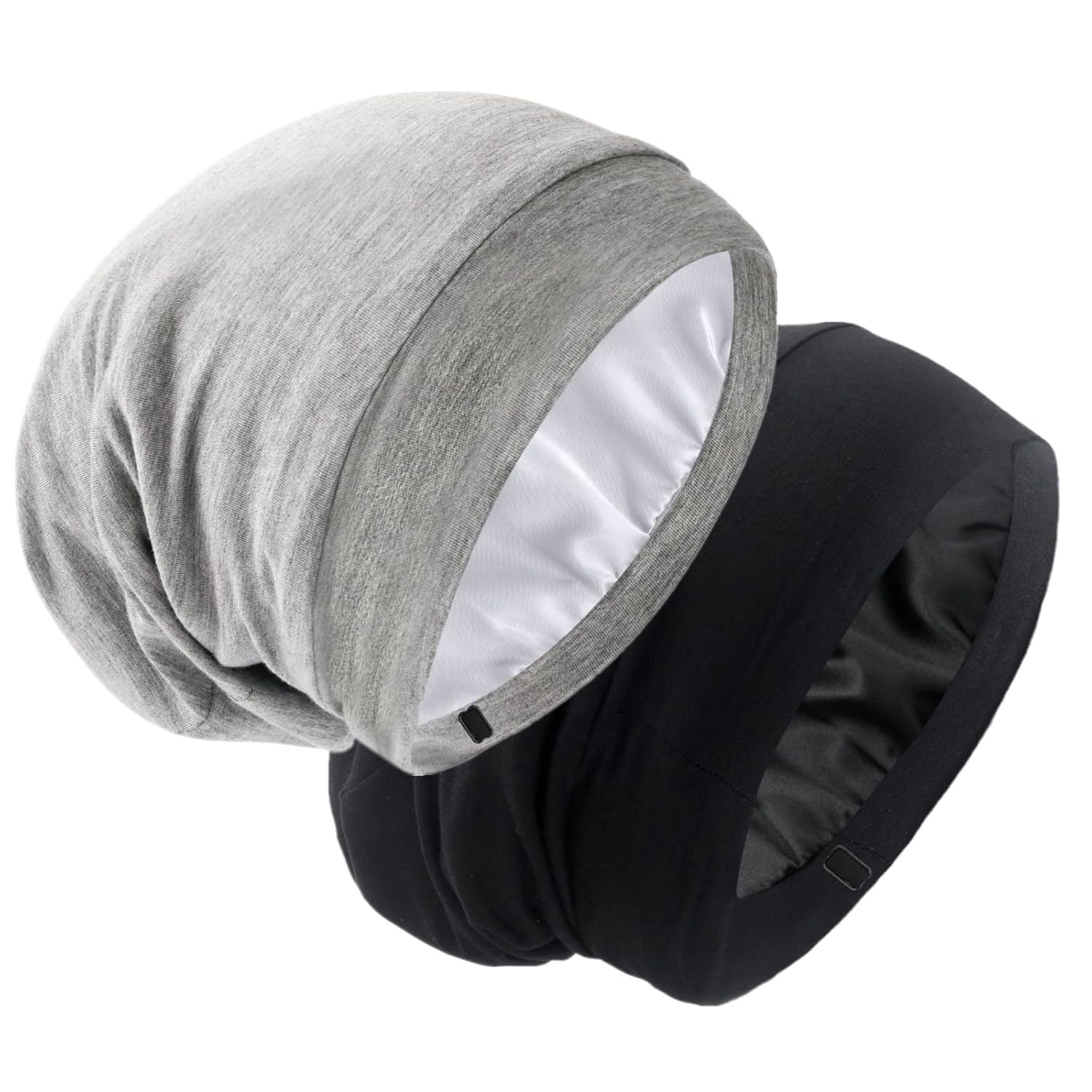 SilkySatin Lined Bonnet Sleep Cap - Adjustable Stay on All Night Hair Wrap Cover Slouchy Beanie for Curly Hair Protection for Women and Men - Black & Light Grey