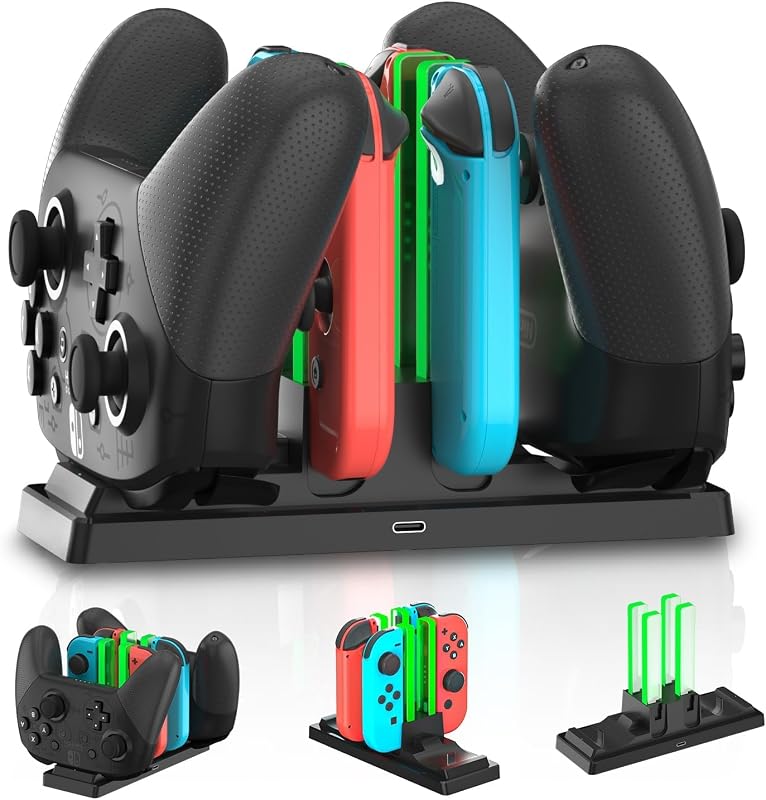 Switch Controller Charger Dock, 6-in-1 Charging Station for Joy-Con & Pro Controllers, LED Indicator Stand, Not Compatible with Switch 2 or Third-Party Controllers