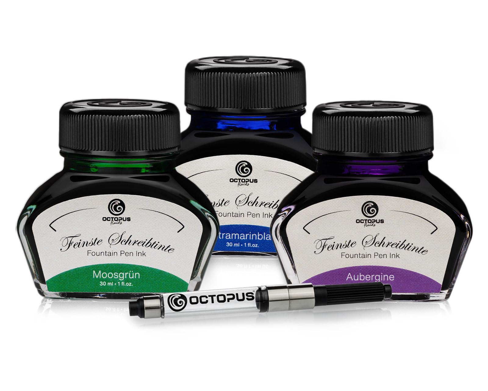 Octopus Schreibtinte Moosgrün, Ultramarinblau, Aubergine, Füllhaltertinte im Tintenglas mit Konverter, Geschenkset Schreibtinte für Füller und Feder, Tinte zum Schreiben und Malen, 3 x 30 ml