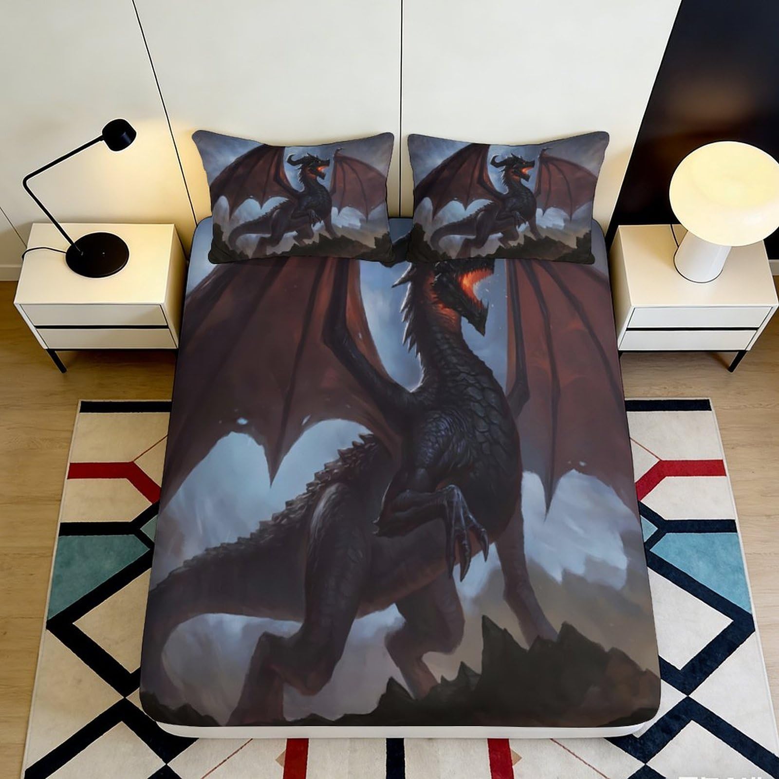 3D Printed Black Dragon Fitted Sheet Microfiber Soft Breathable Fire Fantasy Mattress Cover for Bedroom Dorm Protection Decor 200x200x25cm