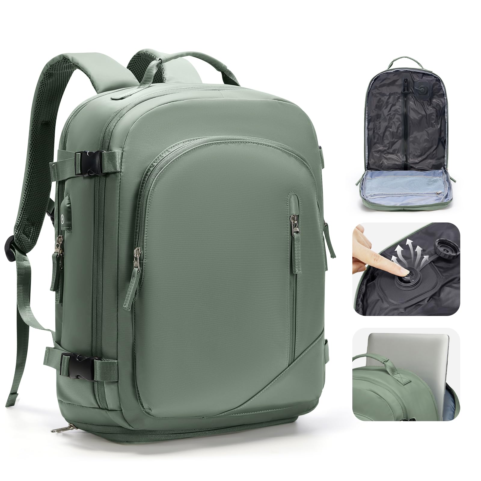 Groß Reiserucksack Vakuum Rucksack Handgepäck Flugzeug Easyjet Handgepäck 45x36x20 Rucksack Herren Damen Mit Laptopfach/Schuhfach Travel Backpack Carry Ons Luggage Mit Vakuumsystem Grün