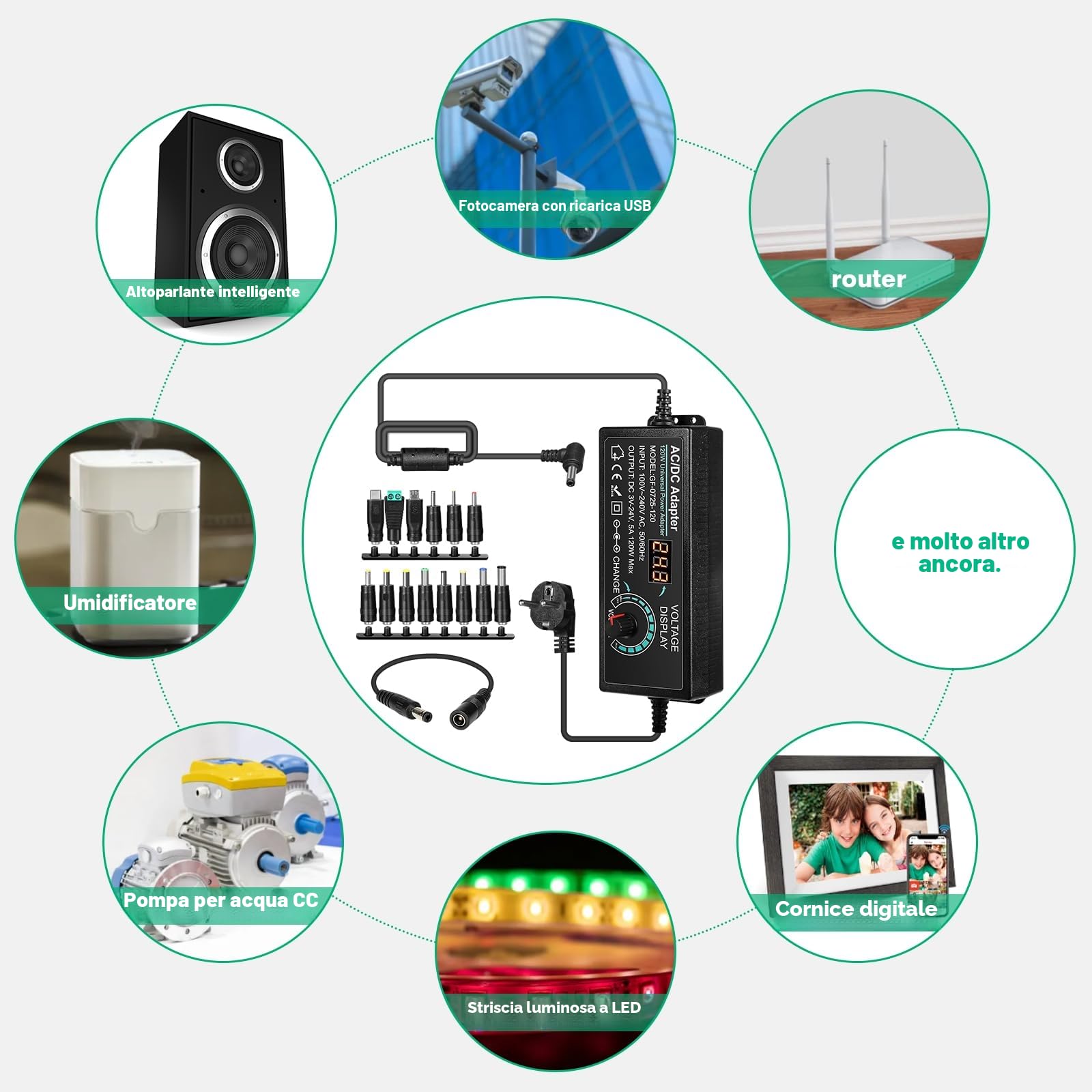 Alimentatore Universale 120W Regolabile 3V 5V 6V 12V 24V DC con USB 14 Connettori Spina Europea AC100-240V