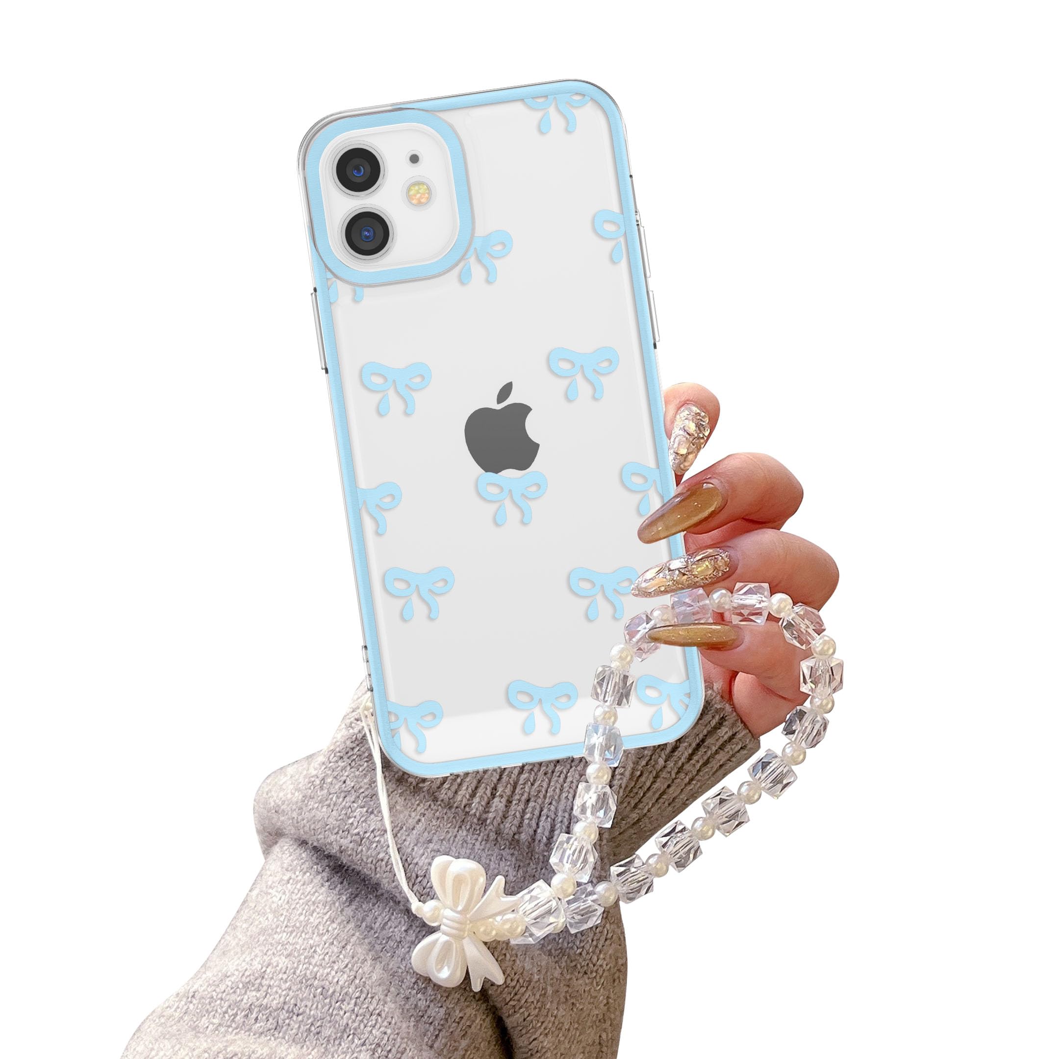 EYZUTAK Case for iPhone 12, Clear Cute Ribbon Bowknot Aesthetic Phone Case with Charm Bracelet Chain Raised Camera Protection Stylish Soft Durable TPU