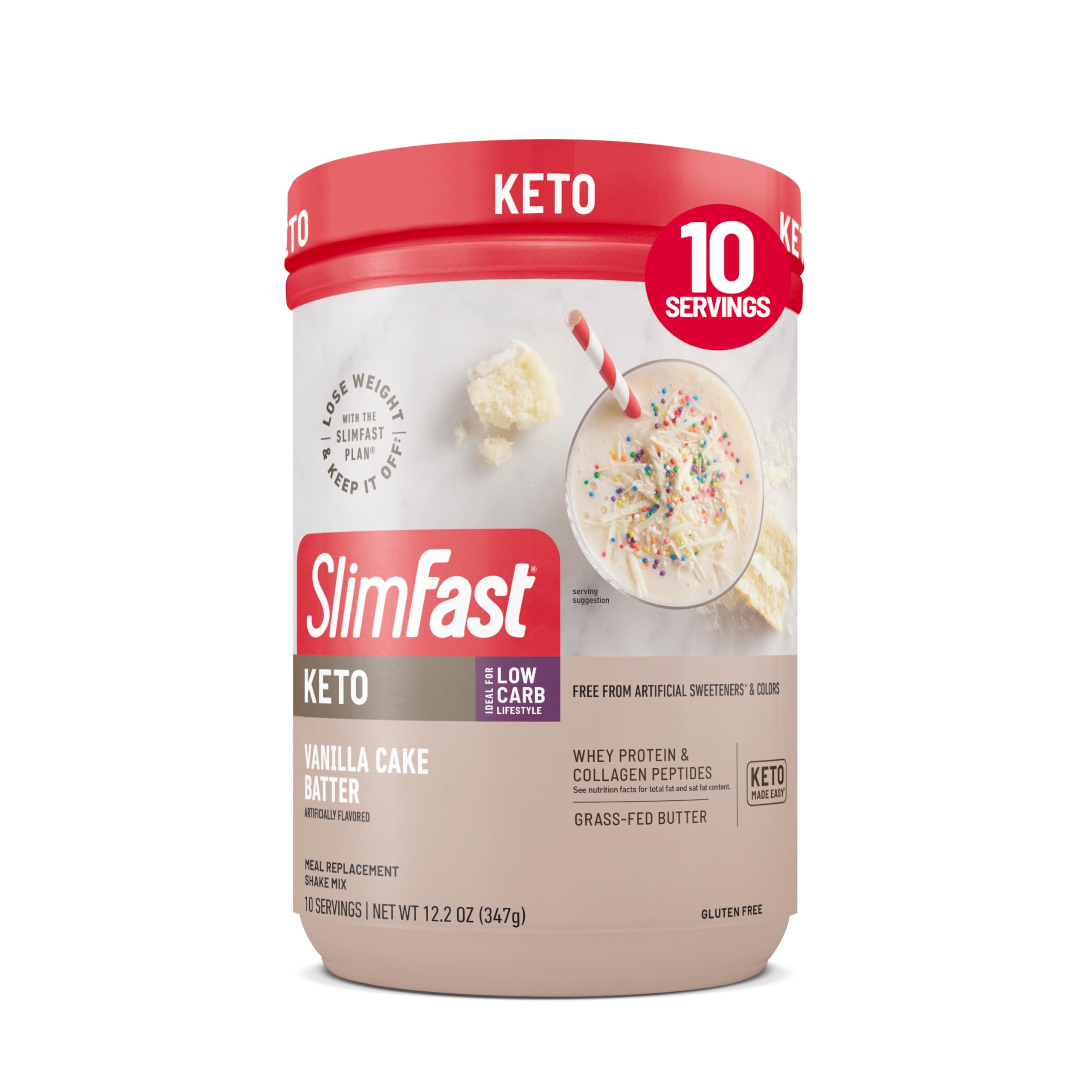 SlimFast Keto Meal Replacement Powder, Vanilla Cake Batter, Low Carb with Whey & Collagen Protein, 10 Servings (Pack of 2) (Packaging May Vary)