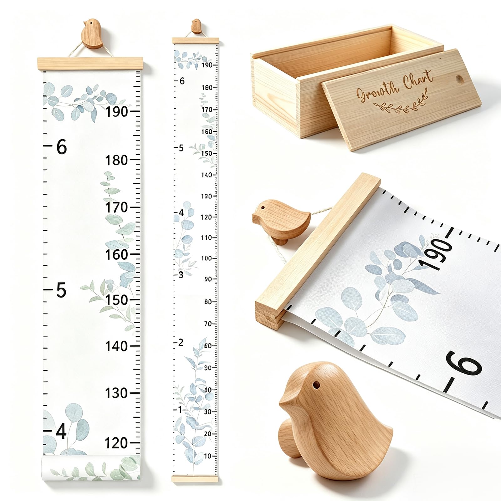 7Ft Height Growth Chart for Wall with Wooden Keepsake Box and Bird Hook
