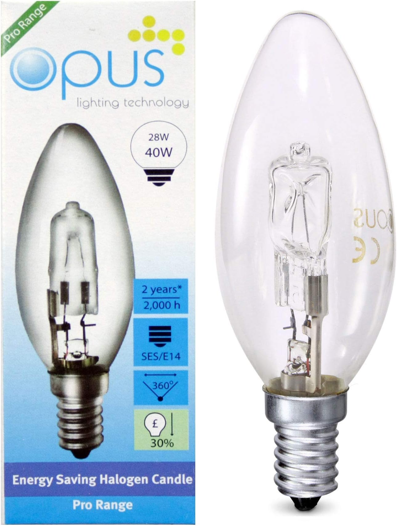 10 x Opus Halogen Candle Light Warm White Bulb - 28W = 40W E14 Ses Small Screw Cap Long Life Dimmable Lamp - Chandelier Light Bulbs [Energy Class D]