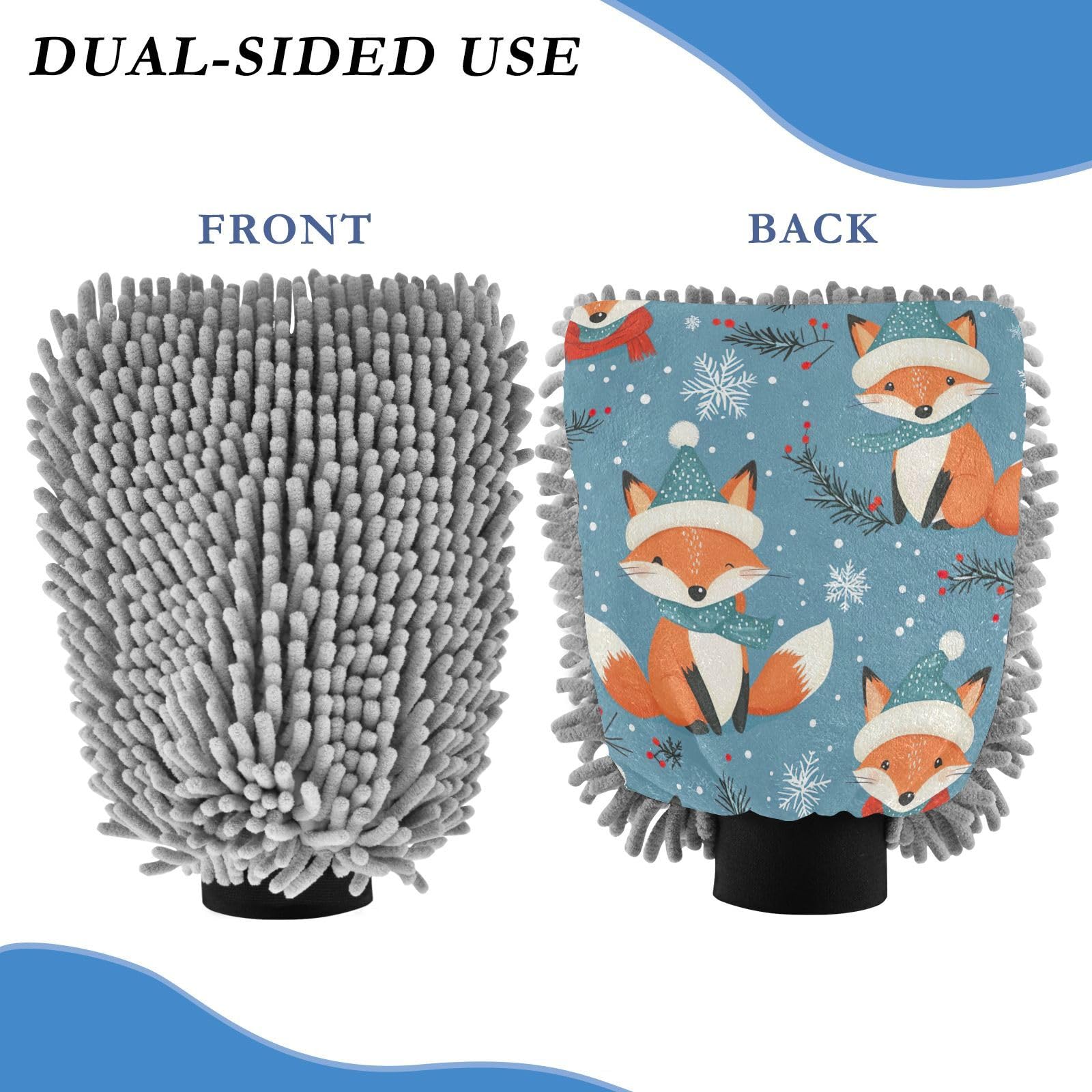 STAYTOP Cute Fox Car Wash Mitt Microfiber, 2Pcs Scratch Free Lint-Free, Premium Chenille Microfiber Mitt Car Wash Brush-L