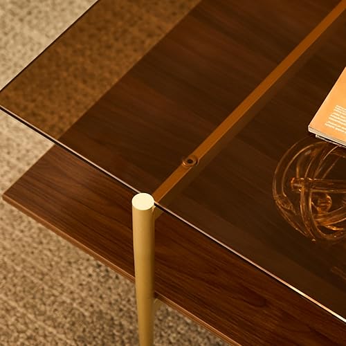 Miniatura 61 de Saint Mossi Tadio - Mesa de centro de vidrio de doble capa para sala de estar, estante inferior de MDF marrón y café Vidrio marrón y marrón