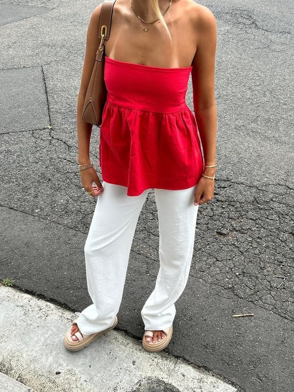 Aopwsrlyi Women's Strapless Peplum Top Summer Sleeveless Smocked Backless Ruffle Hem Bandeau Tube Top - Image 2