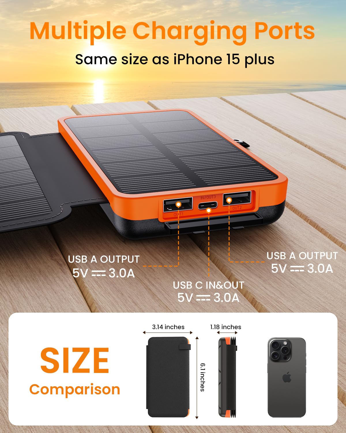 FEELLE Chargeur Solaire 25000mAh, Solaire Batterie Externe avec Double Sortie USB 3,0A et 4 Panneaux Solaires Pliables Chargeur Portable pour Smartphone, Tablette, Camping et Plus (Orange)
