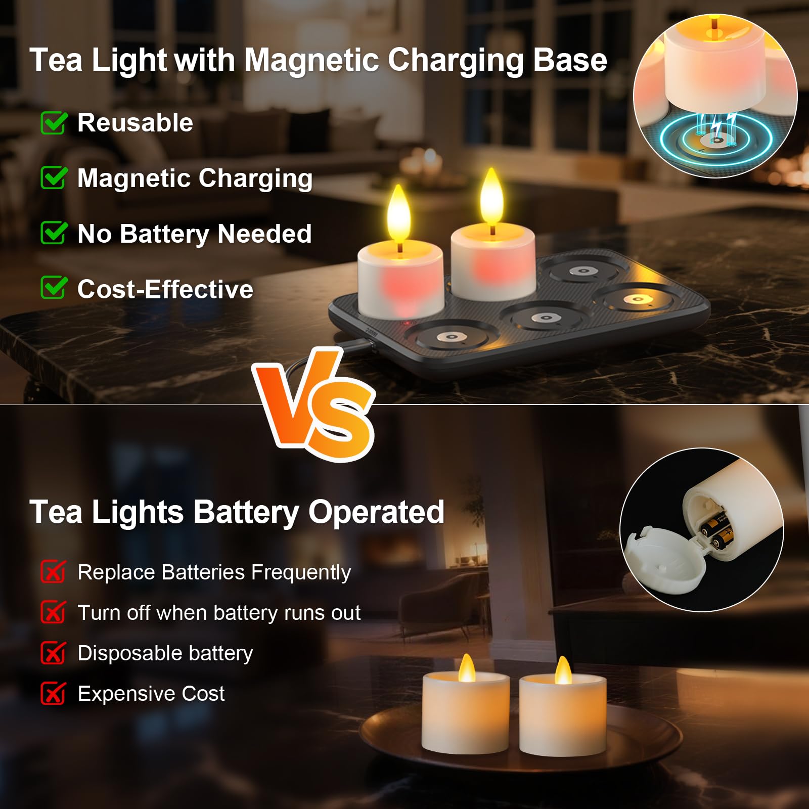 Lumini ricaricabili impermeabili con telecomando e base di ricarica magnetica, candele senza fiamma a batteria con timer, confezione da 6 candele votive a LED tremolanti, durata 100+H, 3,8