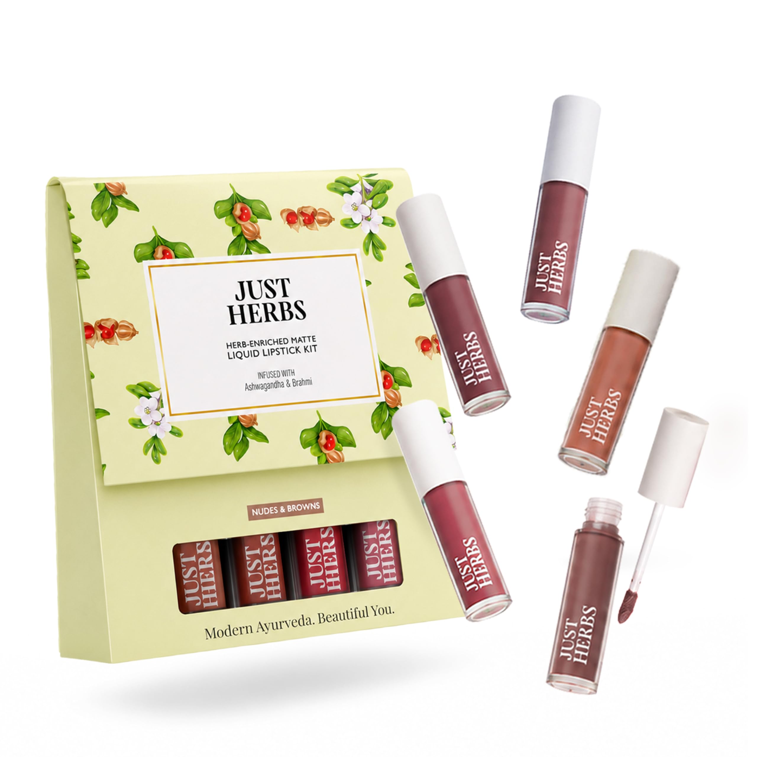 Just Herbs Herb Enriched Matte Liquid Lipstick | Set of 5 | Liquid Lipstick for Women | Nudes & Browns Shade | Hydrating & Lightweight | Ashwagandha & Brahmi - 1ml x 5u-image-9