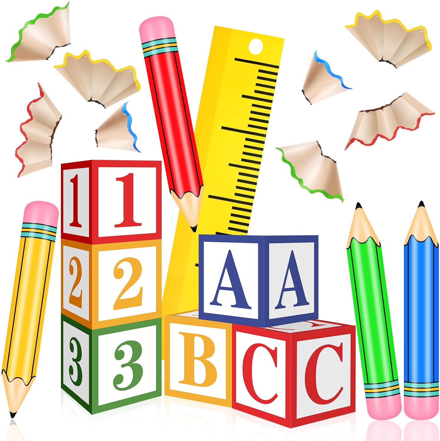 21 Pcs Giant Back to School Decoration Large Inflatable Pencil Crayon Balloon with ABC 123 Balloon Box Pencil Shaving Cutouts Hanging Ruler for Back to School Classroom Birthday Party Decor(White)