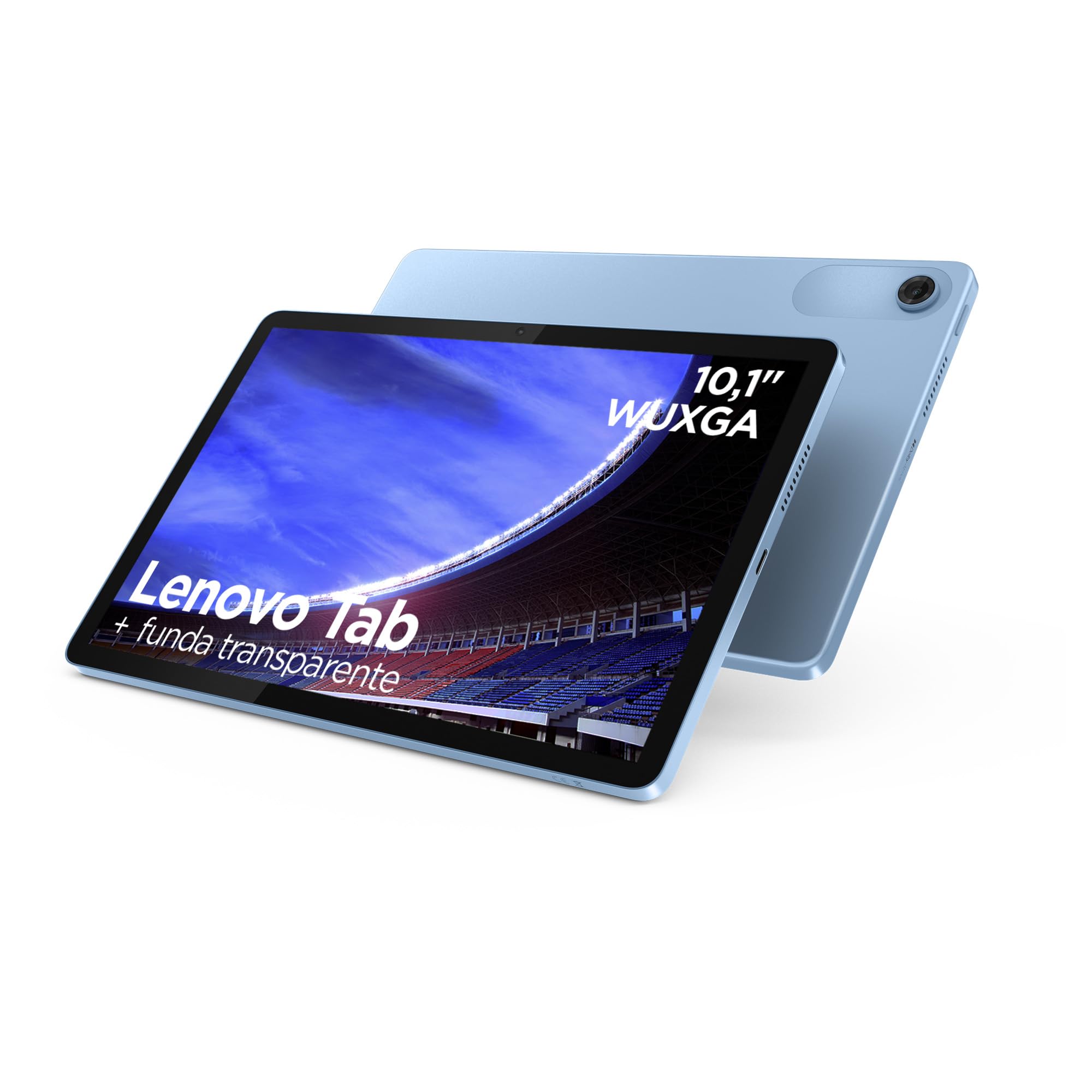 Lenovo Tab – Tablet 10.1″ WUXGA (MediaTek Helio G85, 4 GB RAM, 128 GB, 60 Hz, 2 Altavoces, Wi-Fi 5, Bluetooth 5.3, Android 14) Color Azul Polar – Incluye Case Transparente con Soporte Incorporado