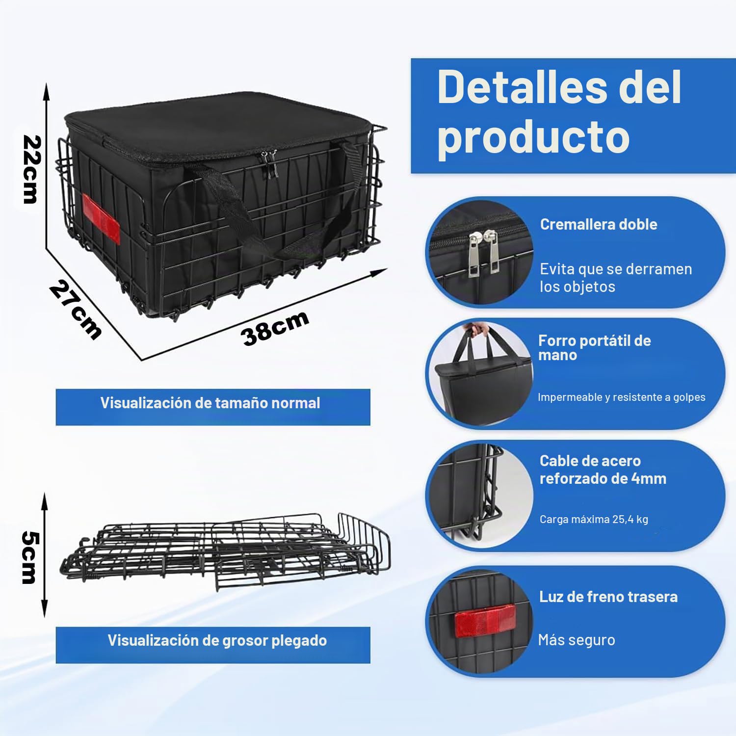 Bicicleta Cesta de Alambre Plegable, Cesta Trasera Bicicleta, Accesorios para Bicicleta con Red para Equipaje, Forro Portátil y Funda Impermeable para Llevan Mascotas, Frutas, Comestibles