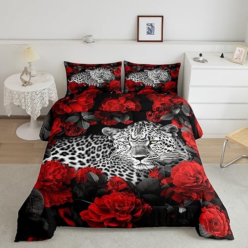 Erosebridal Juego de edredón de guepardo 3D, juego de ropa de cama con estampado de leopardo y rosa roja para mujer, edredón romántico de plumón con