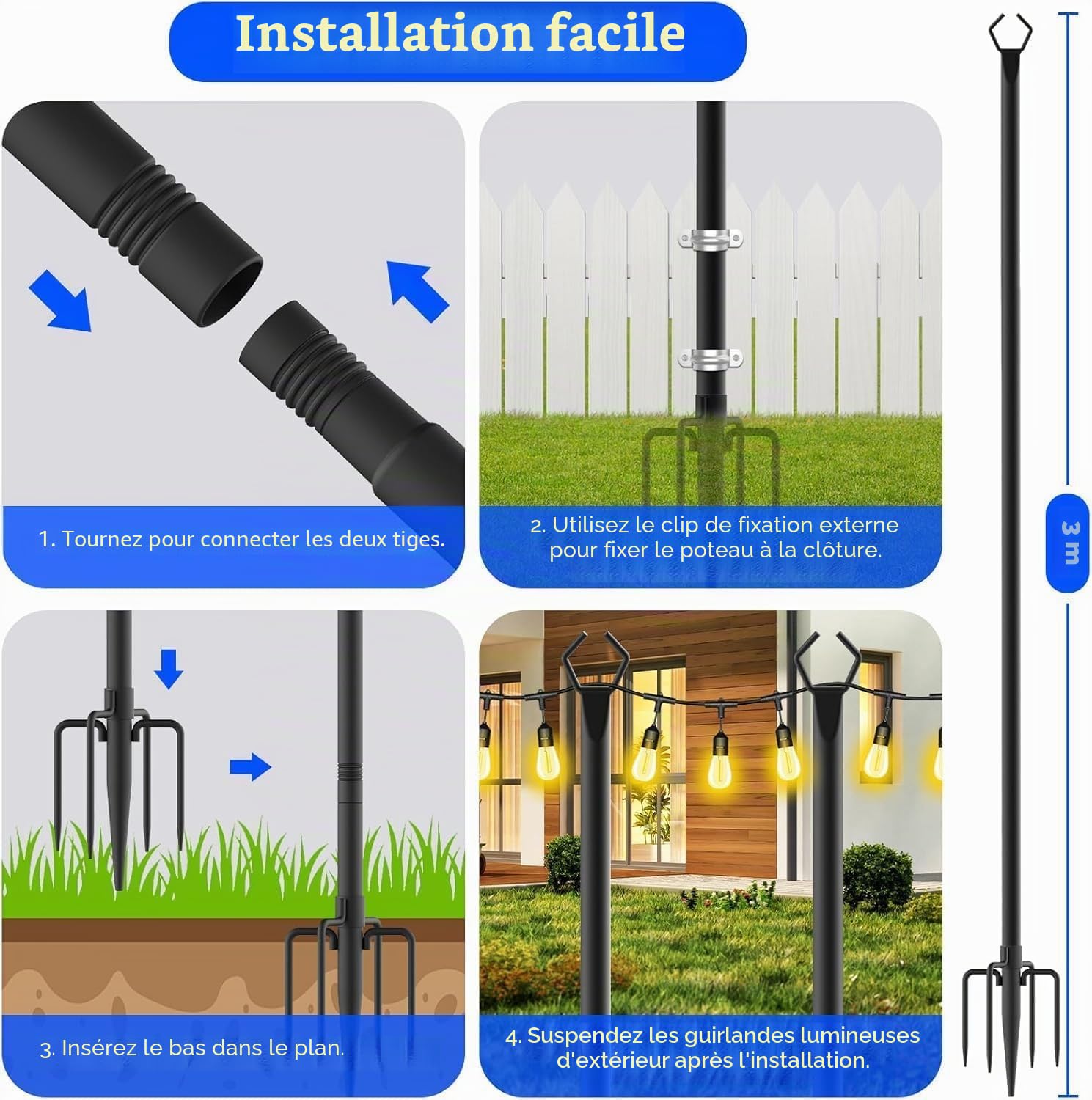 gresonic Poteau d'éclairage pour terrasse - 4 paquets de 3m pour l'extérieur Poteau d'éclairage en acier pour la décoration extérieure du jardin, de l'arrière-cour (Paquet de 4)